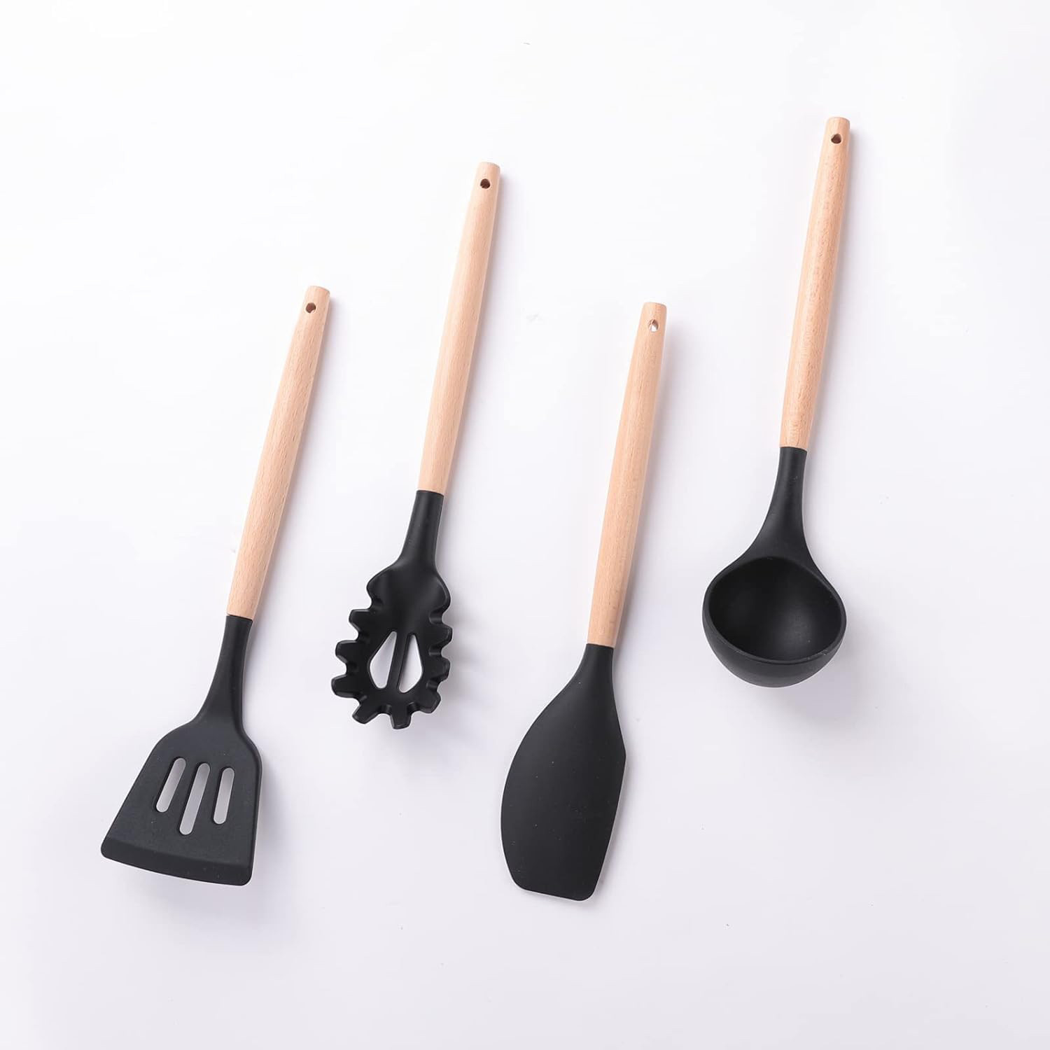Kuber Industries Silicon Spatula Set | Flexible Kitchen Utensil Set | Spatula for Cooking | Non-Stick Spatula | Heat Resistant Spatula With Wooden Handle | DSSH001-2 | Set of 12 | Black