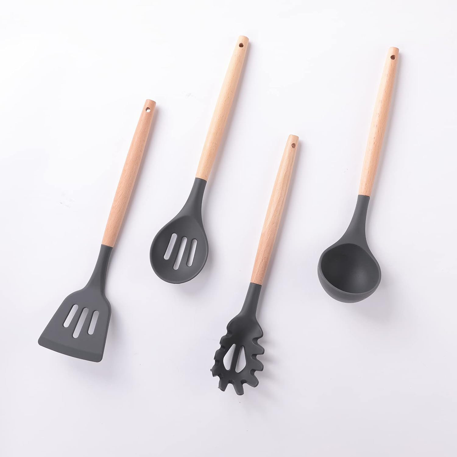 Kuber Industries Silicon Spatula Set | Flexible Kitchen Utensil Set | Spatula for Cooking | Non-Stick Spatula | Heat Resistant Spatula With Wooden Handle | DSSH001-1 | Set of 12 | Gray