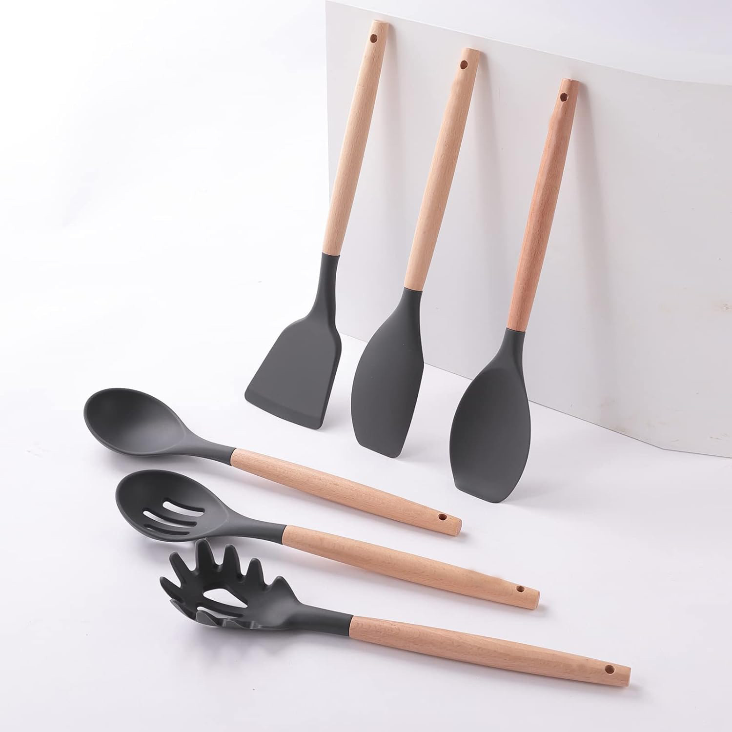 Kuber Industries Silicon Spatula Set | Flexible Kitchen Utensil Set | Spatula for Cooking | Non-Stick Spatula | Heat Resistant Spatula With Wooden Handle | DSSH001-1 | Set of 12 | Gray