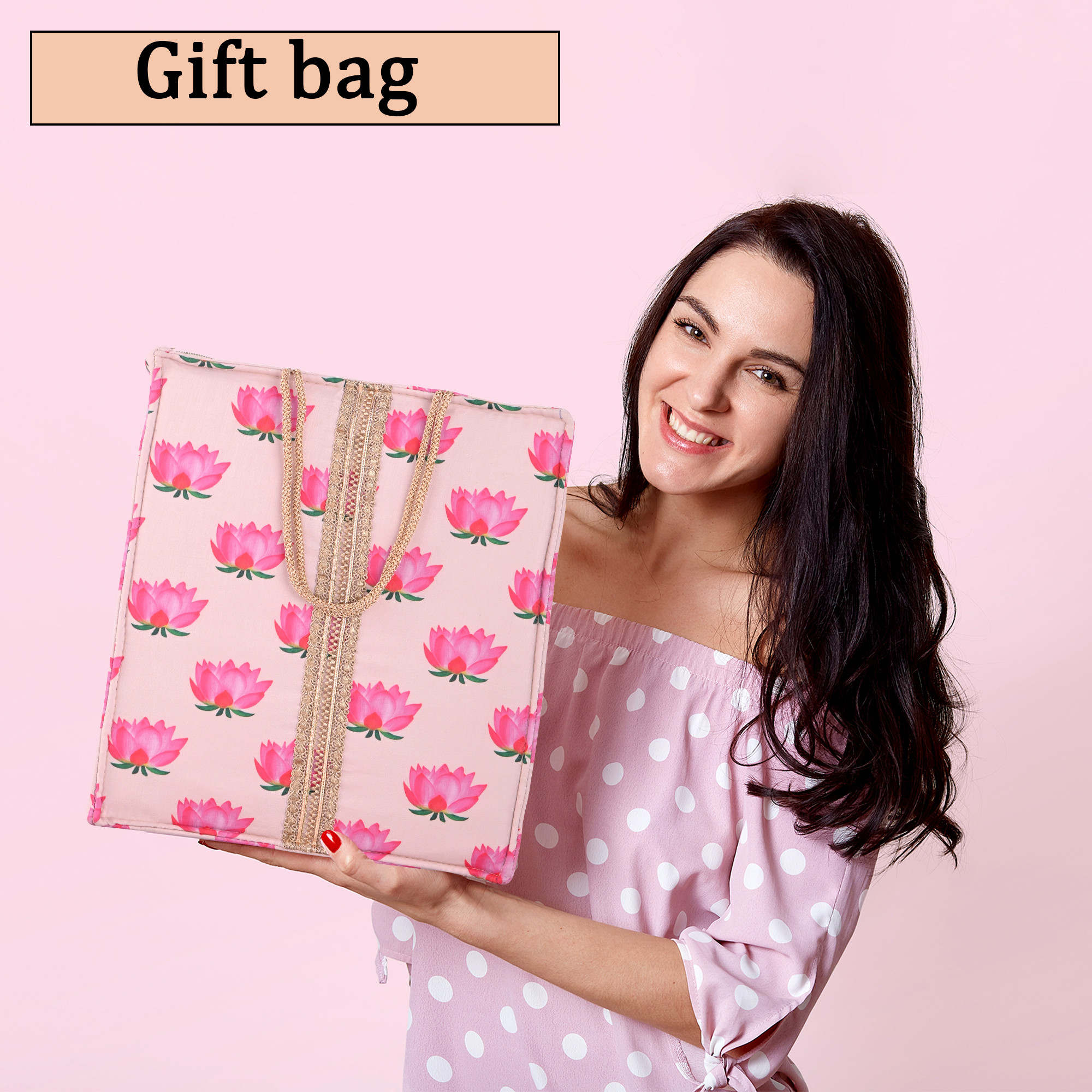 Kuber Industries Silk Cloth Bags for Gifting with Zipper Lace and Handle  Handbag Housewarming Ceremony Shagun Traditional Bag for Return Gifts  Lotus Print - Cream