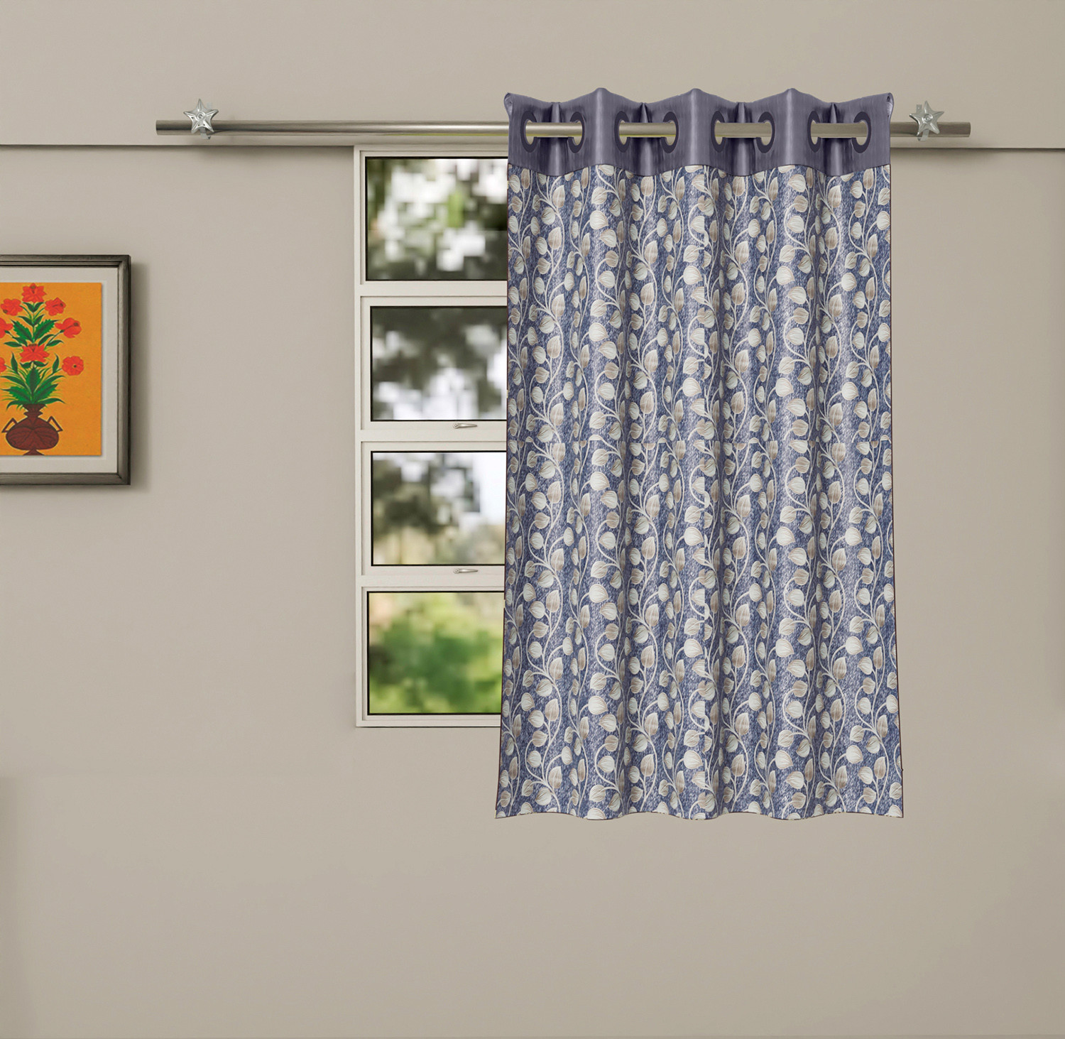 Kuber Industries Silk Decorative 5 Feet Window Curtain | Leaf Print Darkening Blackout | Drapes Curtain With 8 Eyelet For Home & Office (Blue)