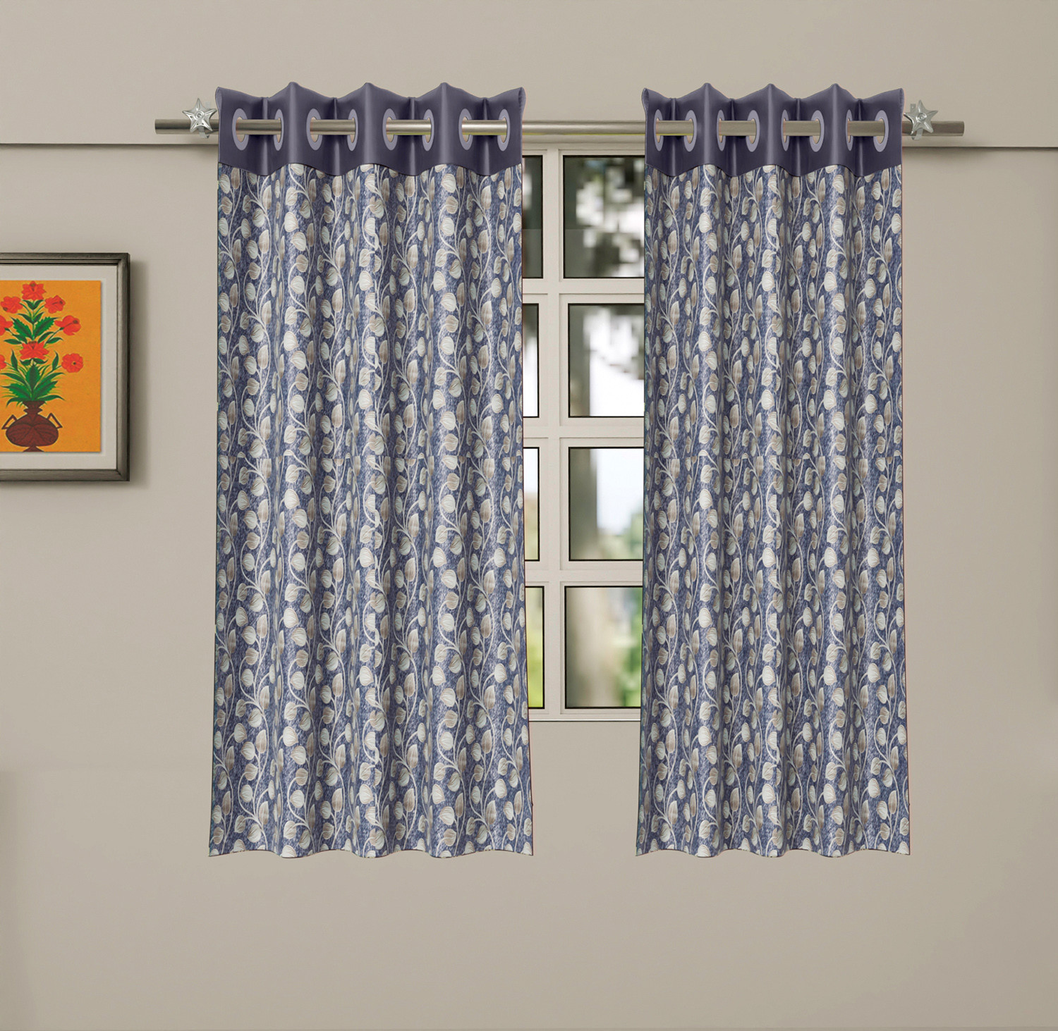 Kuber Industries Silk Decorative 5 Feet Window Curtain | Leaf Print Darkening Blackout | Drapes Curtain With 8 Eyelet For Home & Office (Blue)