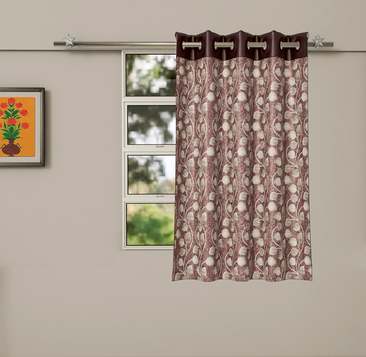 Kuber Industries Silk Decorative 5 Feet Window Curtain | Leaf Print Darkening Blackout | Drapes Curtain With 8 Eyelet For Home & Office (Brown)