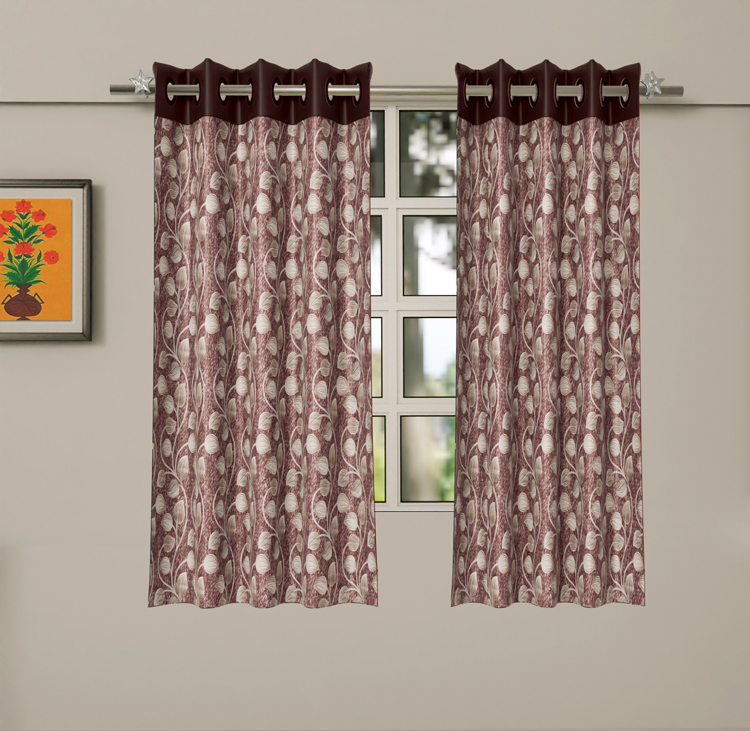 Kuber Industries Silk Decorative 5 Feet Window Curtain | Leaf Print Darkening Blackout | Drapes Curtain With 8 Eyelet For Home & Office (Brown)