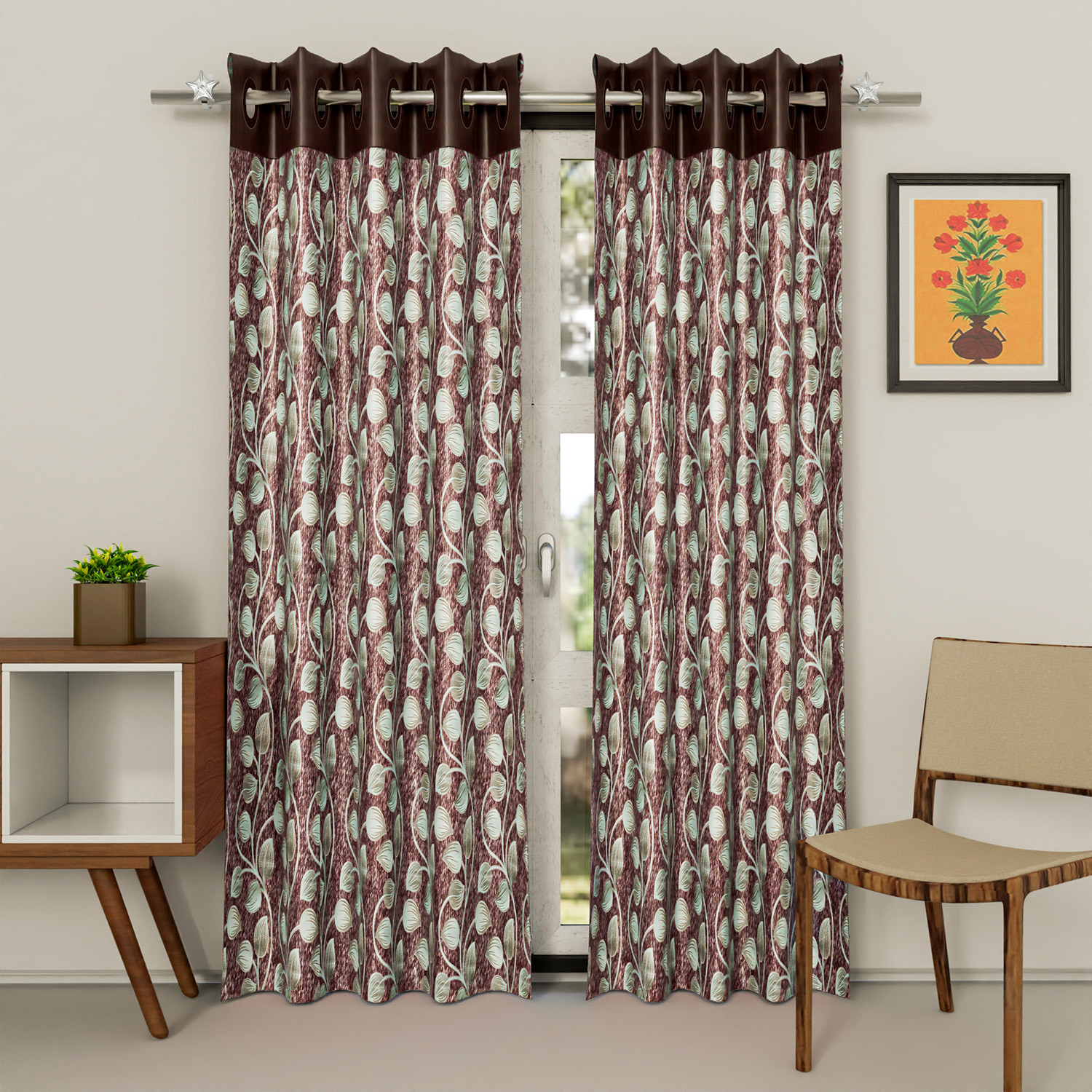 Kuber Industries Silk Decorative 7 Feet Door Curtain | Leaf Print Blackout Drapes Curtain With 8 Eyelet For Home & Office (Brown)