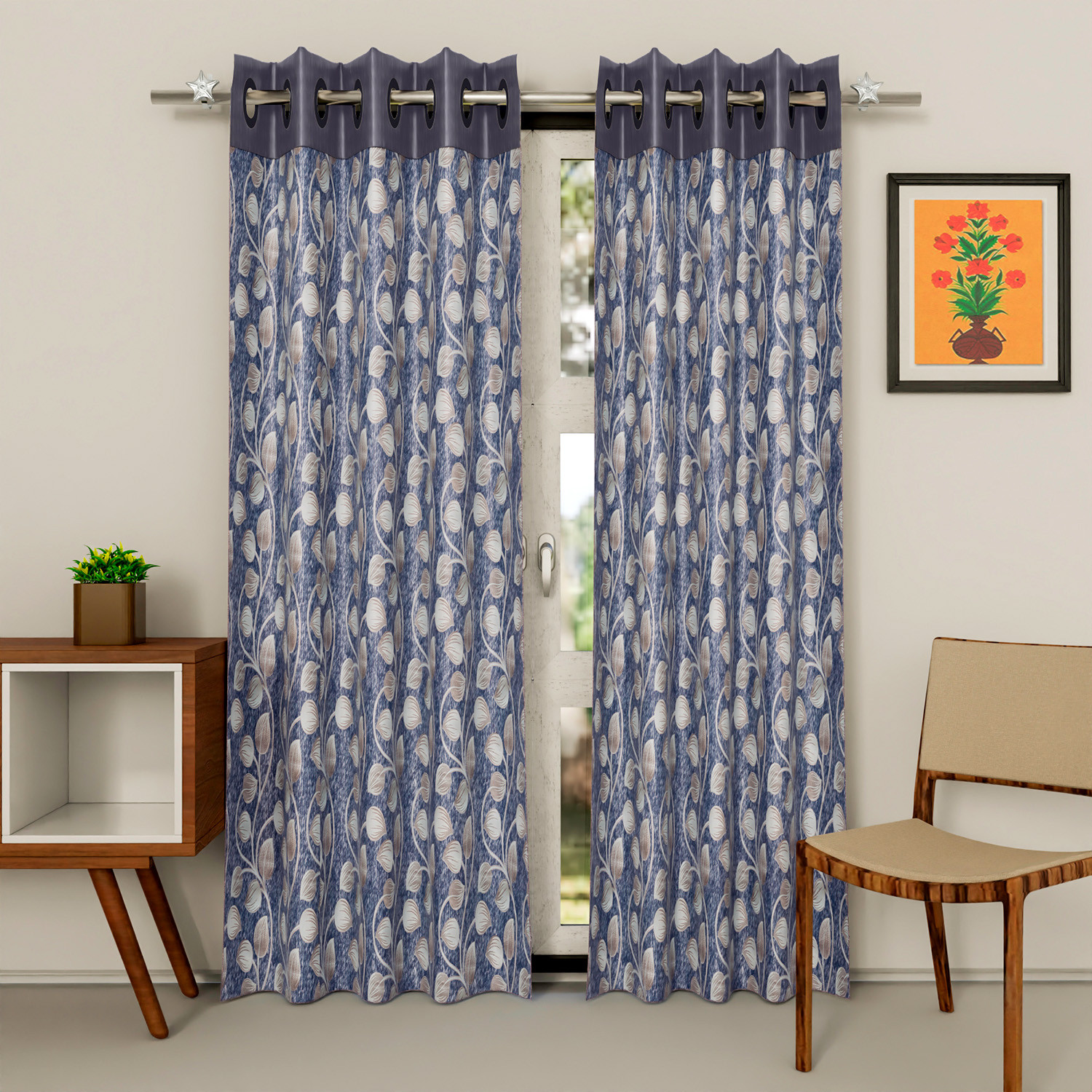 Kuber Industries Silk Decorative 7 Feet Door Curtain | Leaf Print Blackout Drapes Curtain With 8 Eyelet For Home & Office (Blue)