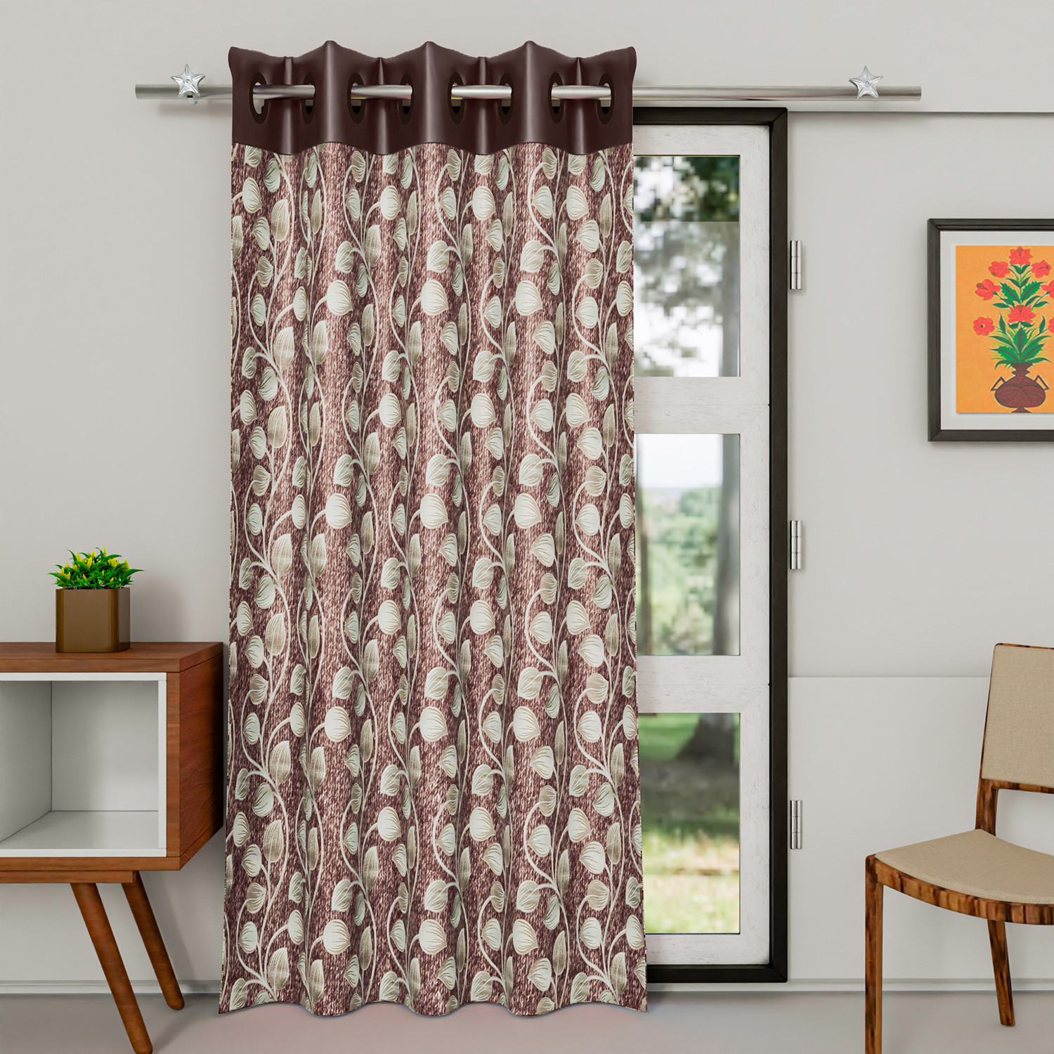 Kuber Industries Silk Decorative 9 Feet Long Door Curtain | Leaf Print Blackout Drapes Curtain With 8 Eyelet For Home & Office (Coffee)