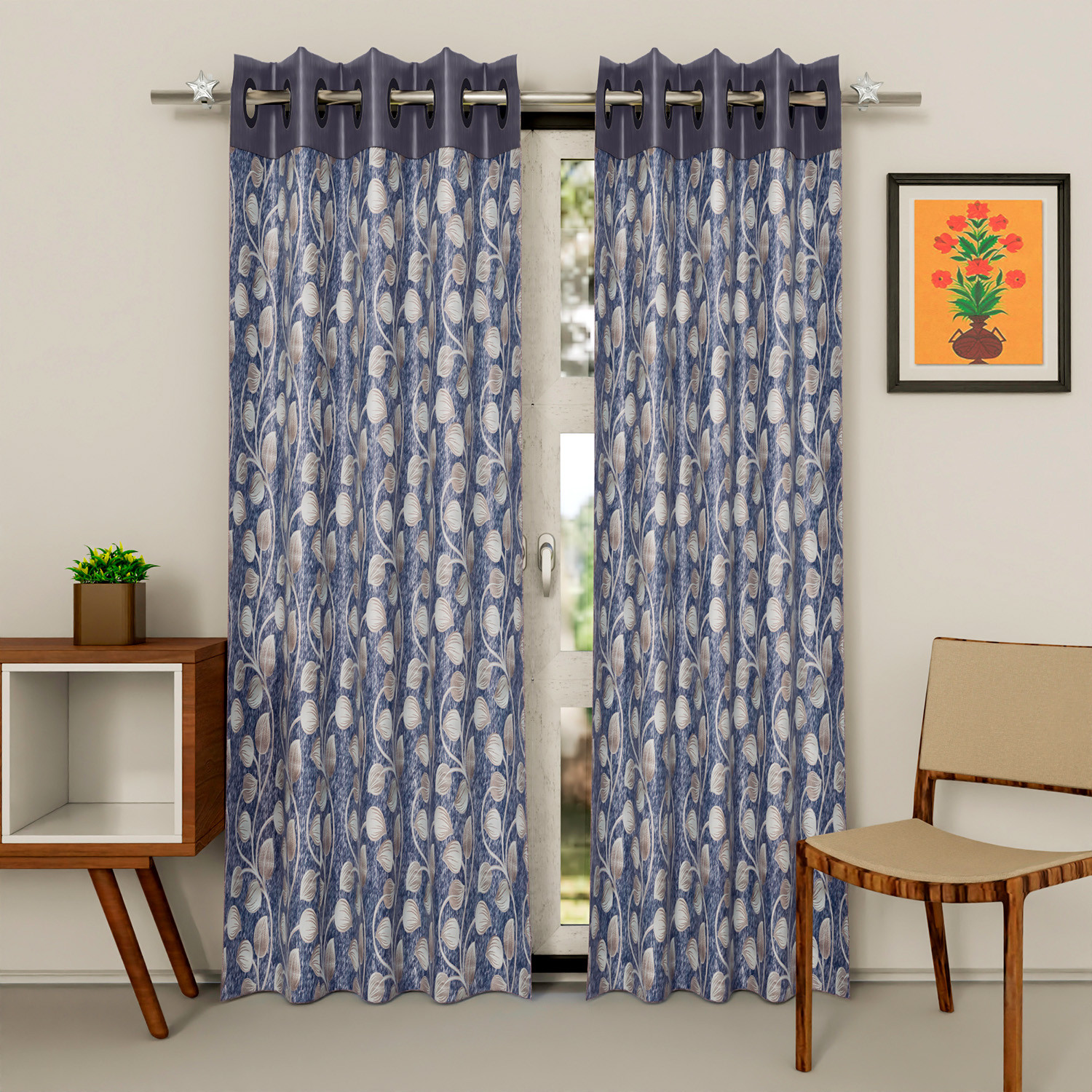 Kuber Industries Silk Decorative 9 Feet Long Door Curtain | Leaf Print Blackout Drapes Curtain With 8 Eyelet For Home & Office (Sky Blue)