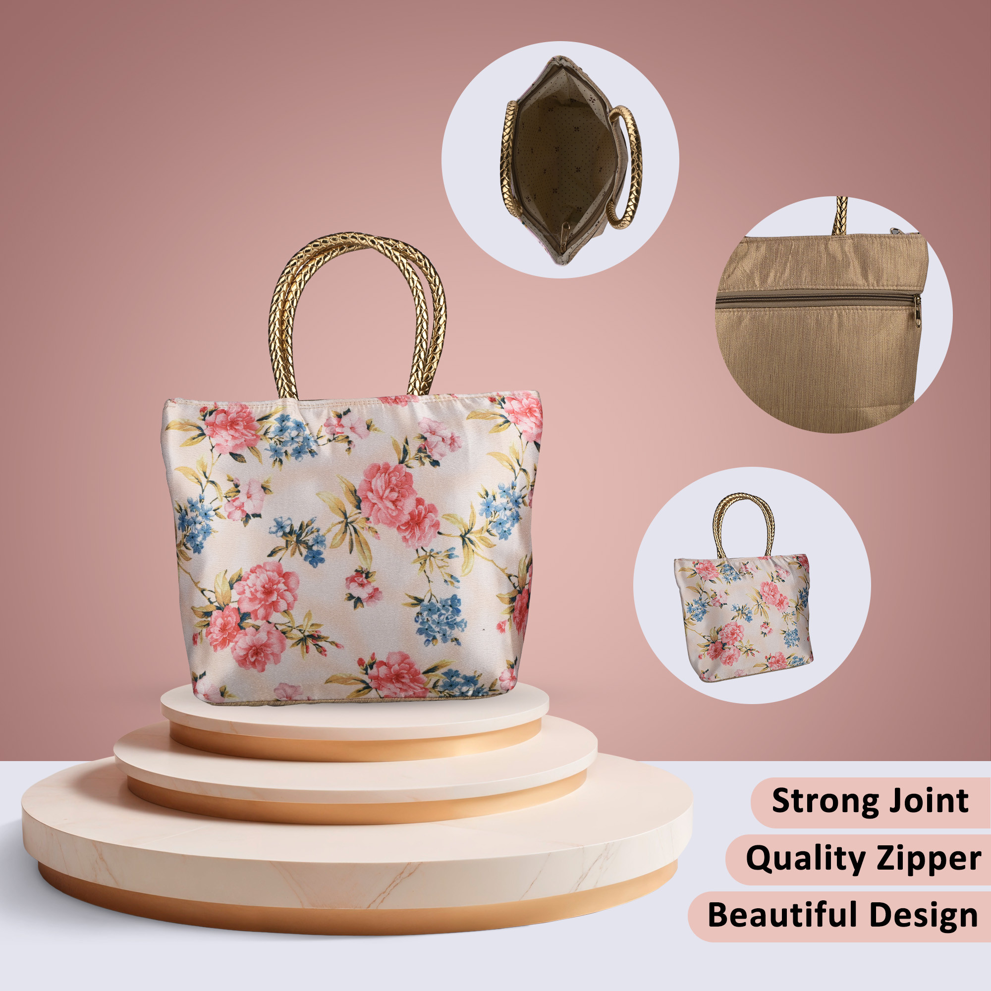 Kuber Industries Silk Small Hand Bags for Women Stylish with Handle  1 Outer Zip Pocket  Traditional Handheld Bags for Women  Ethnic Ladies Purse Handbag for Return Gifts  Golden