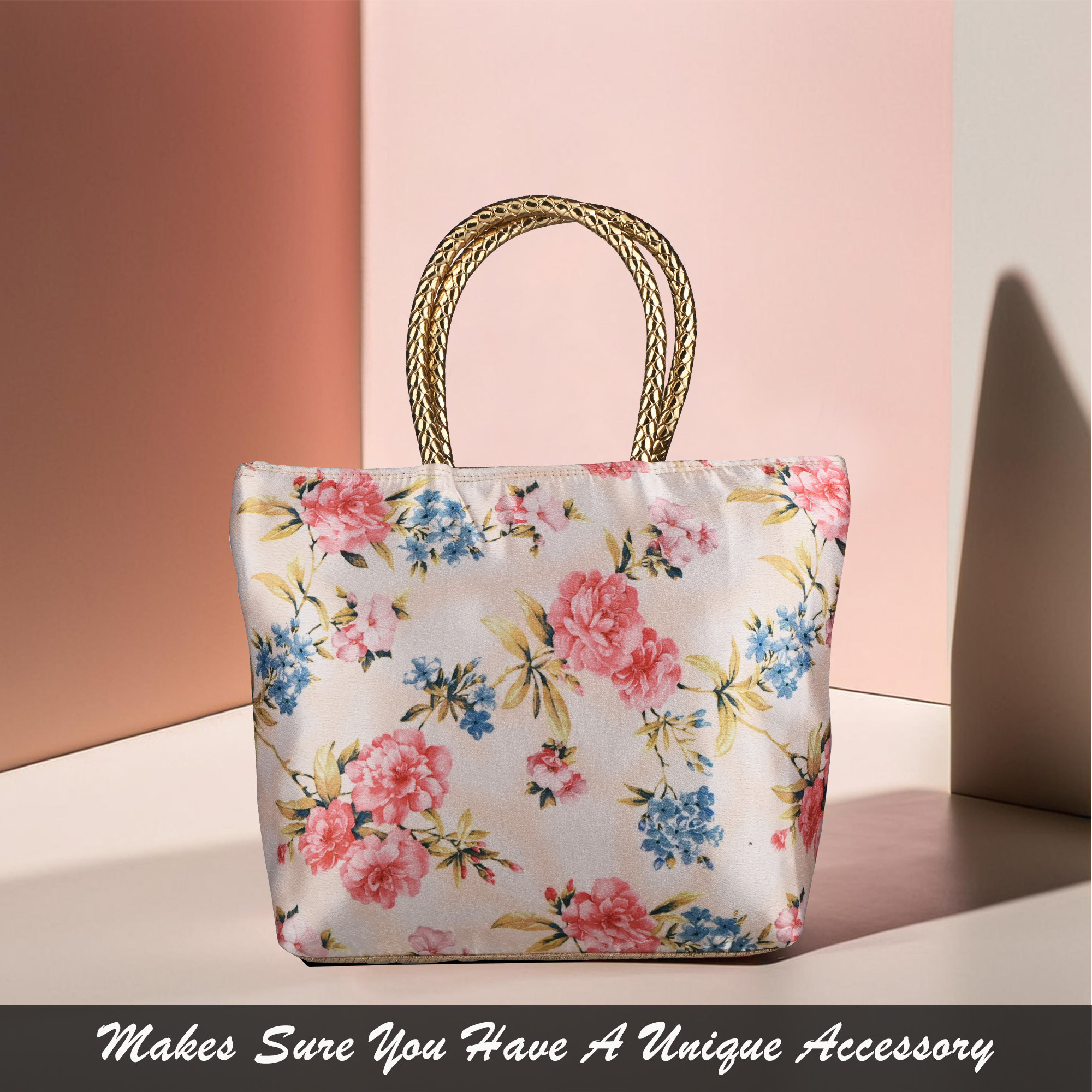 Kuber Industries Silk Small Hand Bags for Women Stylish with Handle  1 Outer Zip Pocket  Traditional Handheld Bags for Women  Ethnic Ladies Purse Handbag for Return Gifts  Golden