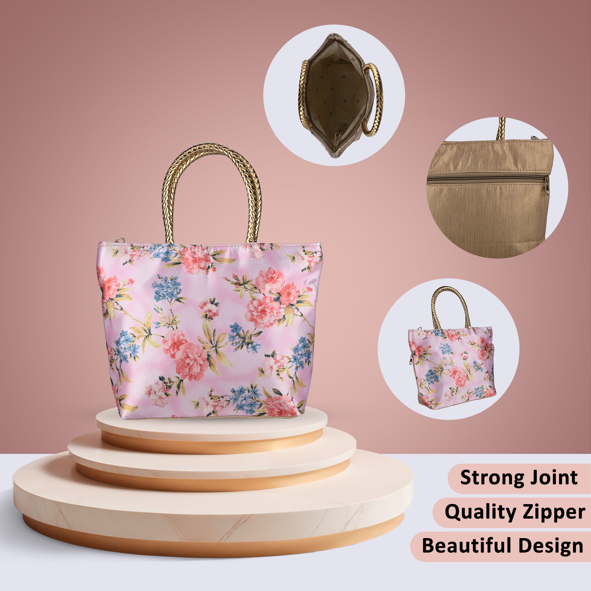 Kuber Industries Silk Small Hand Bags for Women Stylish with Handle  1 Outer Zip Pocket  Traditional Handheld Bags for Women  Ethnic Ladies Purse Handbag for Return Gifts  Pink