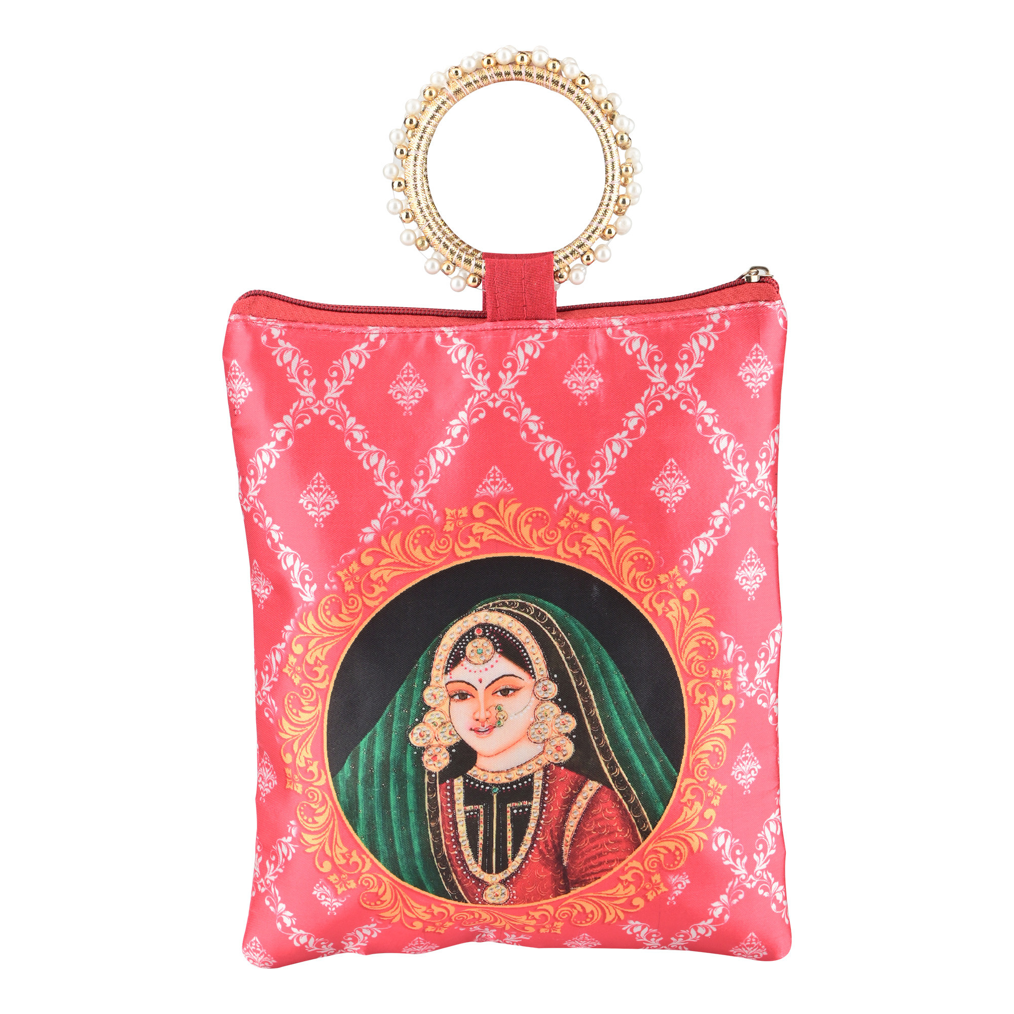 Kuber Industries Silk Small Hand Bags for Women Stylish with Zip  Handle  Traditional Handheld Bags for Women  Ethnic Ladies Purse Handbag for Return Gifts  Maharani Print - Red