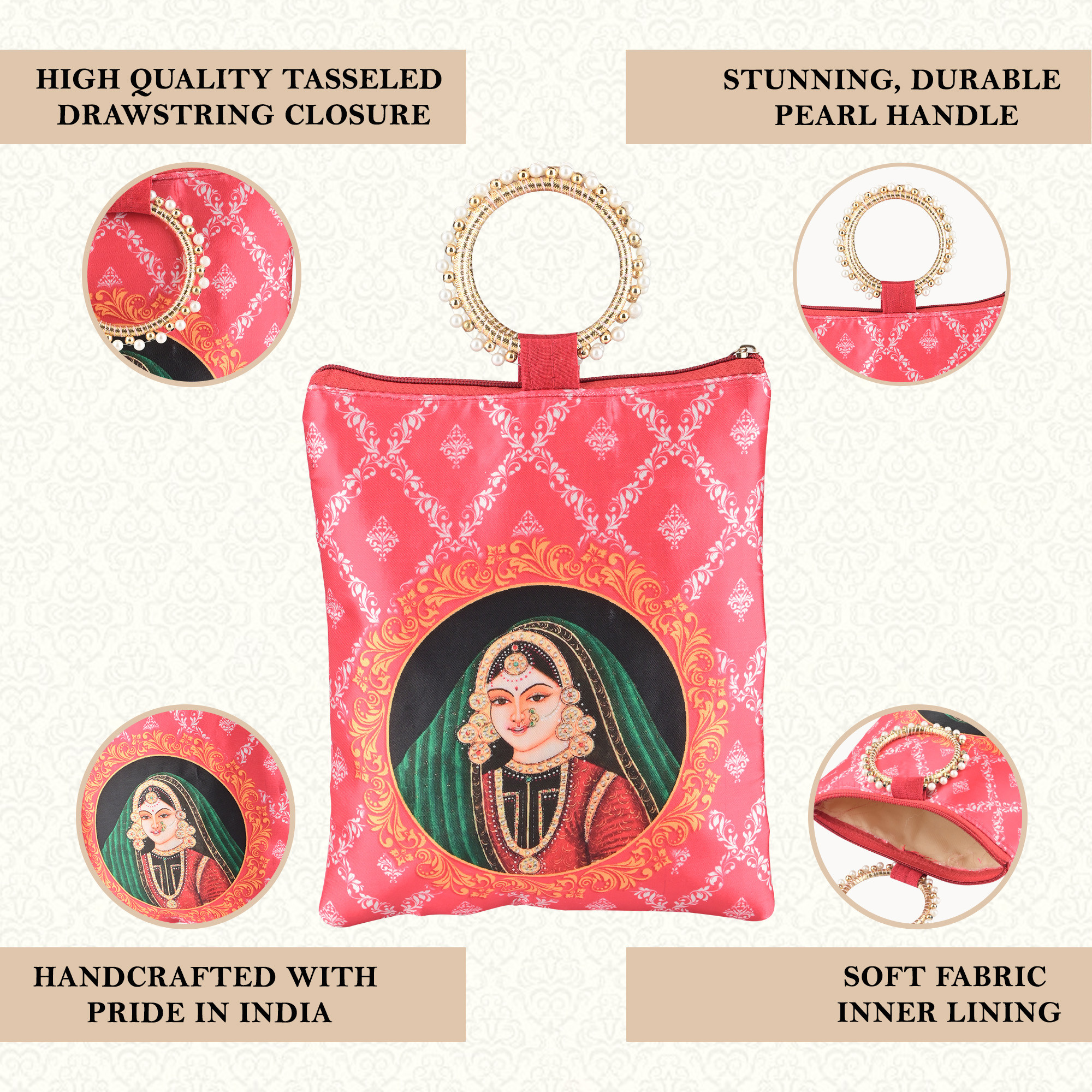 Kuber Industries Silk Small Hand Bags for Women Stylish with Zip  Handle  Traditional Handheld Bags for Women  Ethnic Ladies Purse Handbag for Return Gifts  Maharani Print - Red