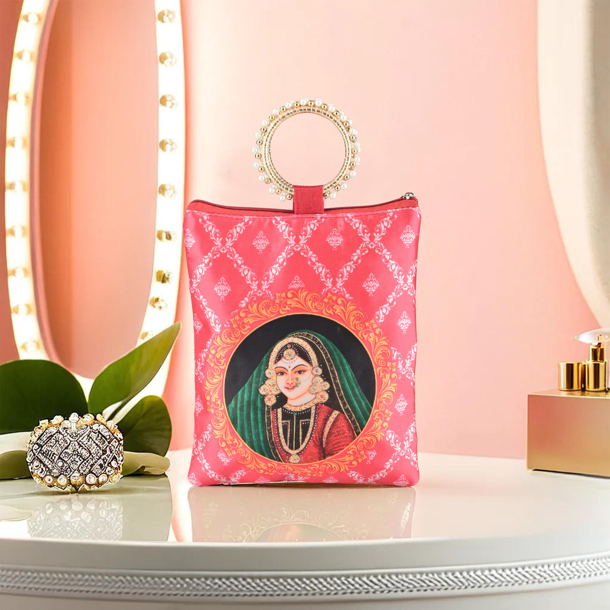 Kuber Industries Silk Small Hand Bags for Women Stylish with Zip  Handle  Traditional Handheld Bags for Women  Ethnic Ladies Purse Handbag for Return Gifts  Maharani Print - Red