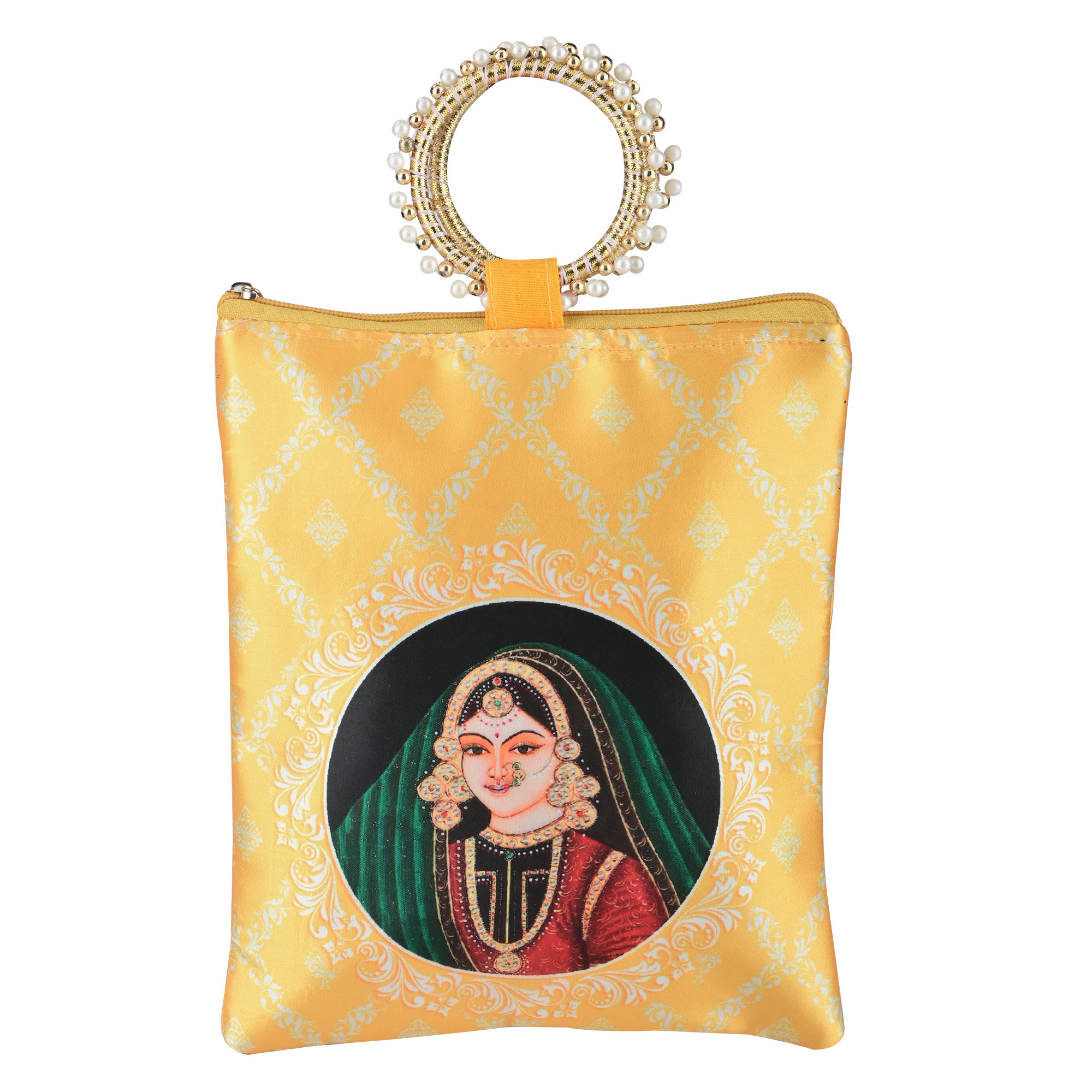 Kuber Industries Silk Small Hand Bags for Women Stylish with Zip  Handle  Traditional Handheld Bags for Women  Ethnic Ladies Purse Handbag for Return Gifts  Maharani Print - Yellow