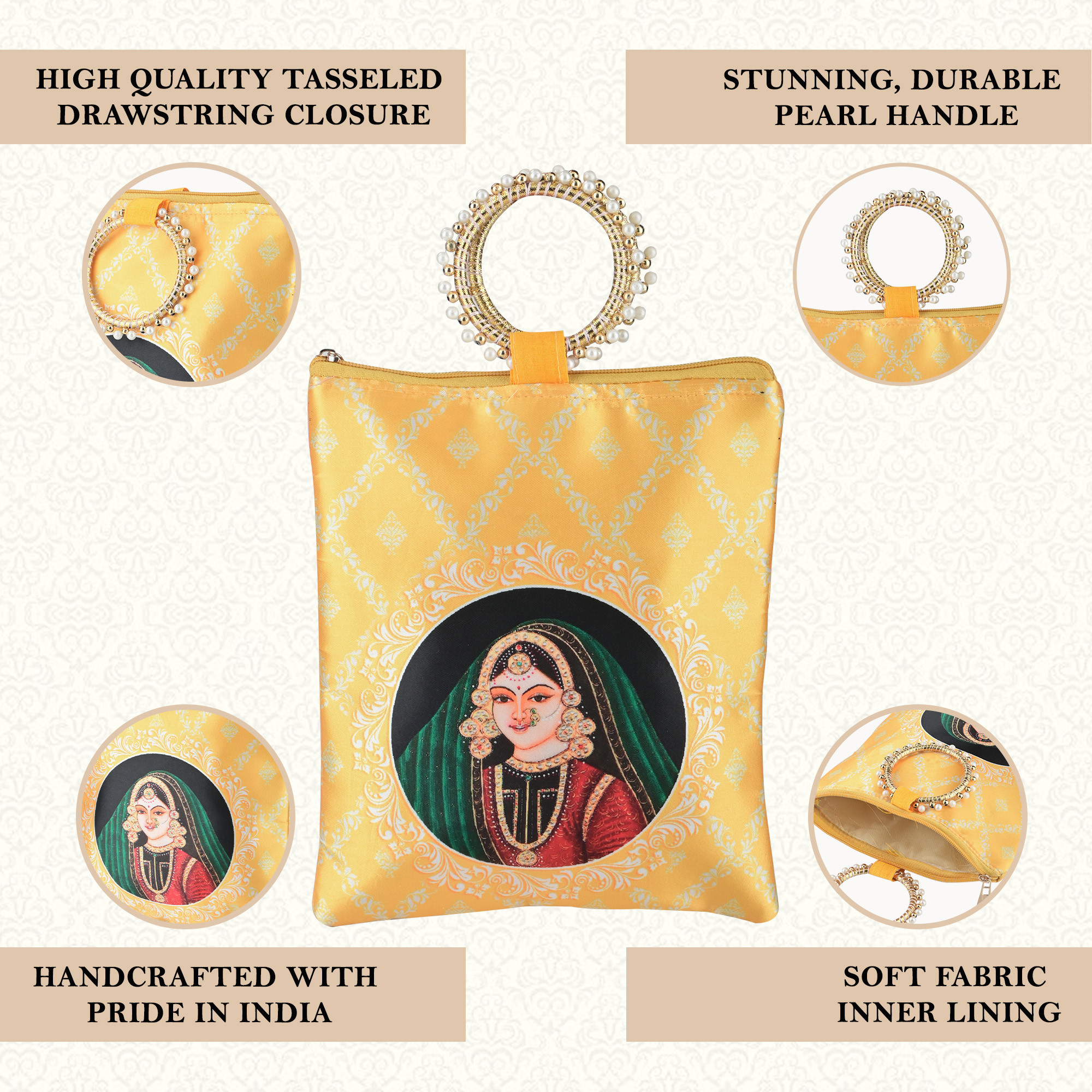 Kuber Industries Silk Small Hand Bags for Women Stylish with Zip  Handle  Traditional Handheld Bags for Women  Ethnic Ladies Purse Handbag for Return Gifts  Maharani Print - Yellow