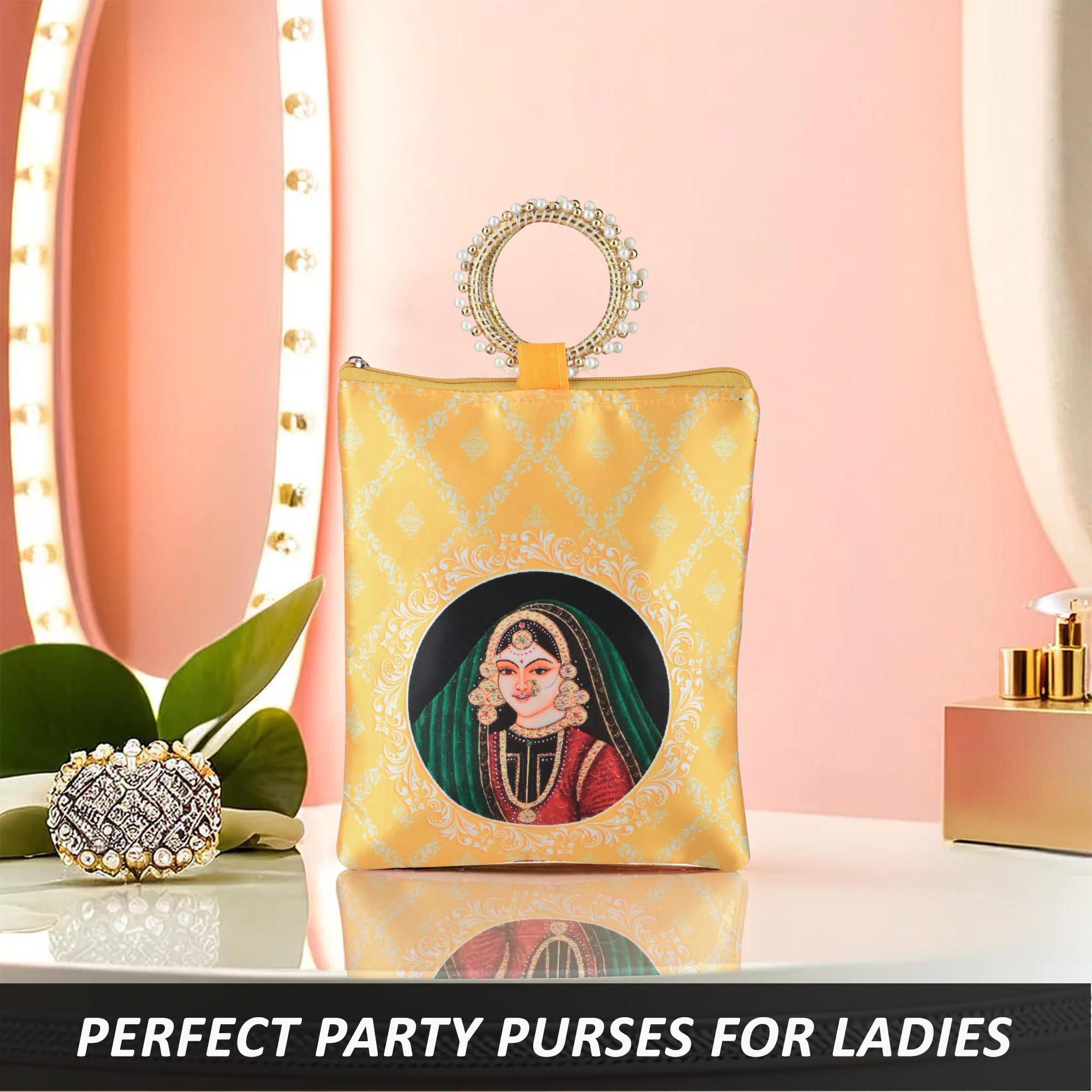 Kuber Industries Silk Small Hand Bags for Women Stylish with Zip  Handle  Traditional Handheld Bags for Women  Ethnic Ladies Purse Handbag for Return Gifts  Maharani Print - Yellow