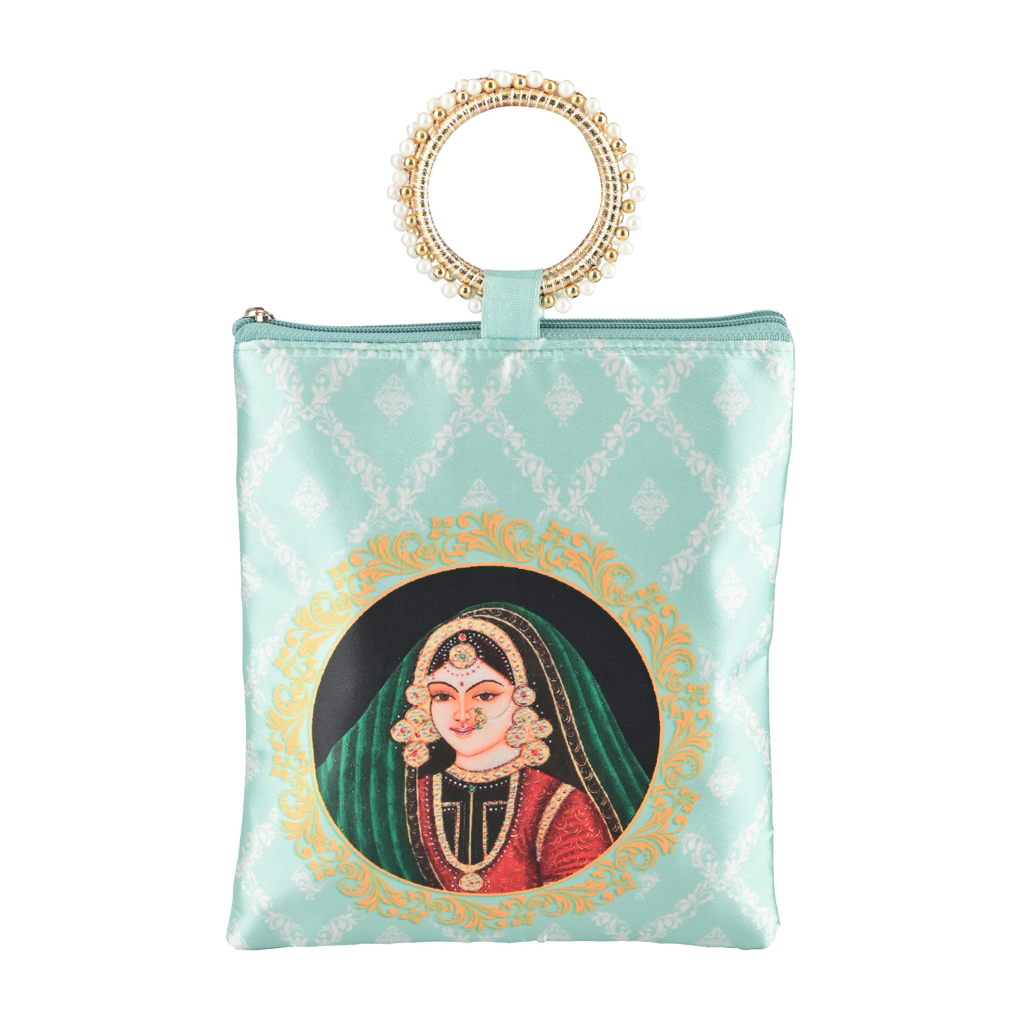 Kuber Industries Silk Small Hand Bags for Women Stylish with Zip  Handle  Traditional Handheld Bags for Women  Ethnic Ladies Purse Handbag for Return Gifts  Maharani Print - Pista Green