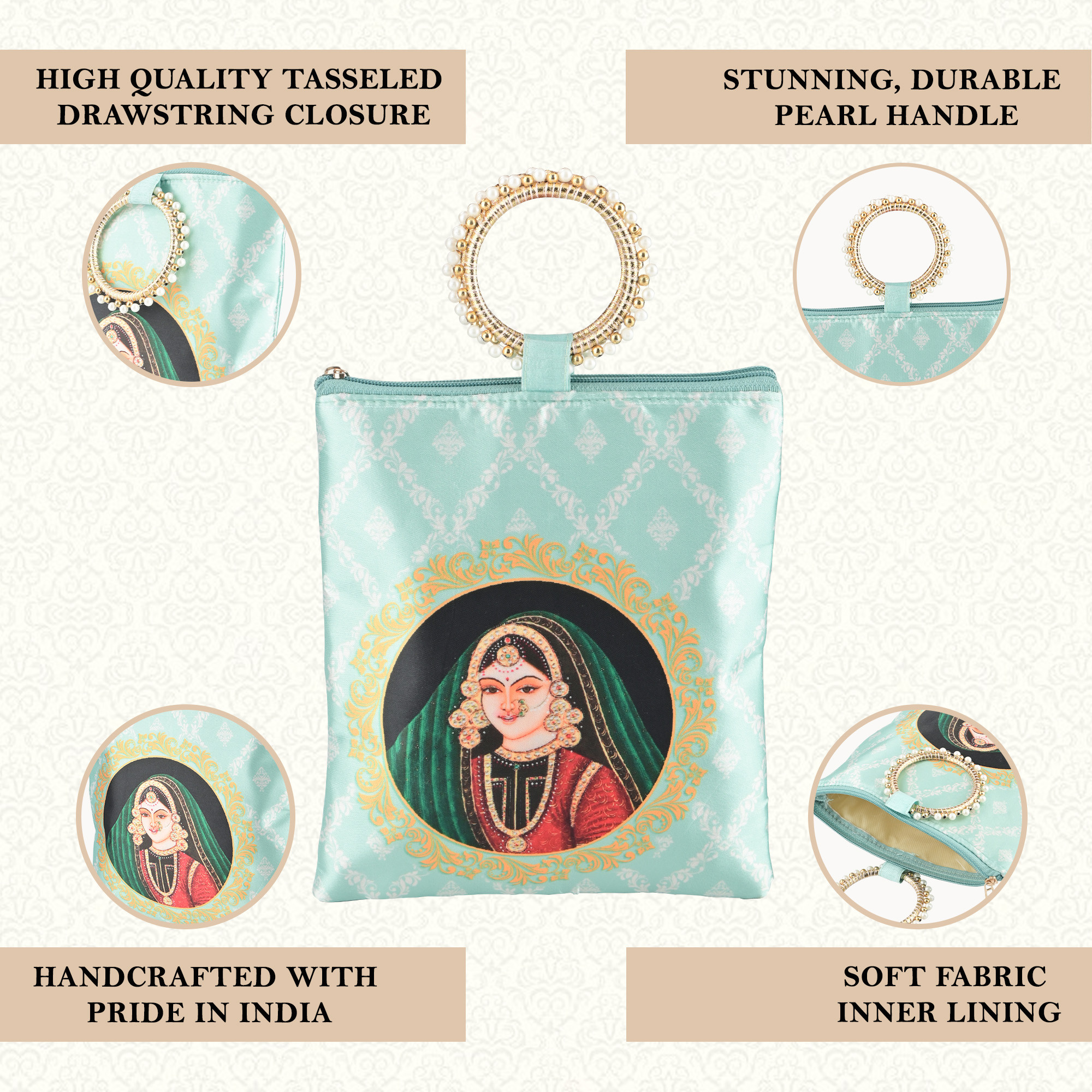 Kuber Industries Silk Small Hand Bags for Women Stylish with Zip  Handle  Traditional Handheld Bags for Women  Ethnic Ladies Purse Handbag for Return Gifts  Maharani Print - Pista Green