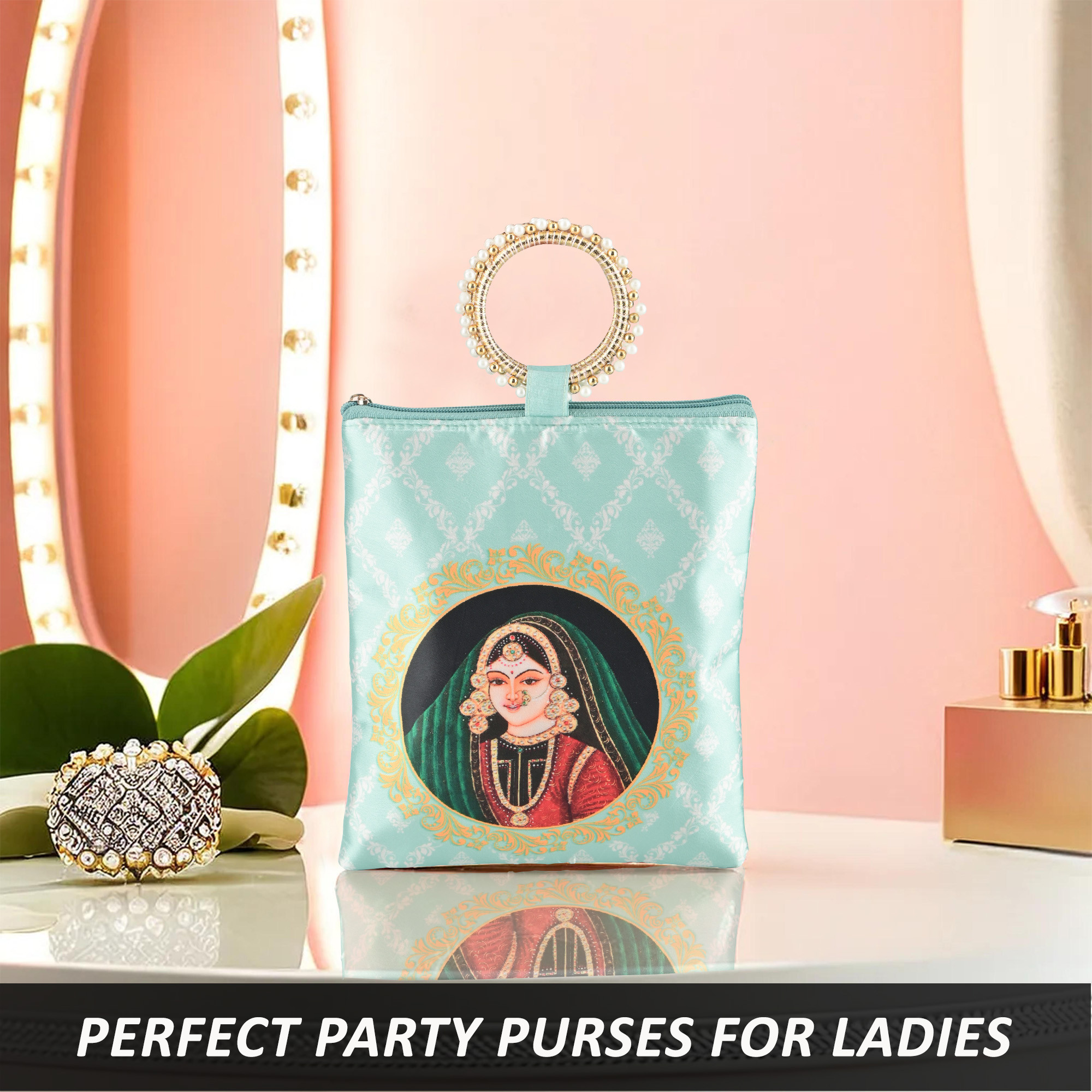 Kuber Industries Silk Small Hand Bags for Women Stylish with Zip  Handle  Traditional Handheld Bags for Women  Ethnic Ladies Purse Handbag for Return Gifts  Maharani Print - Pista Green