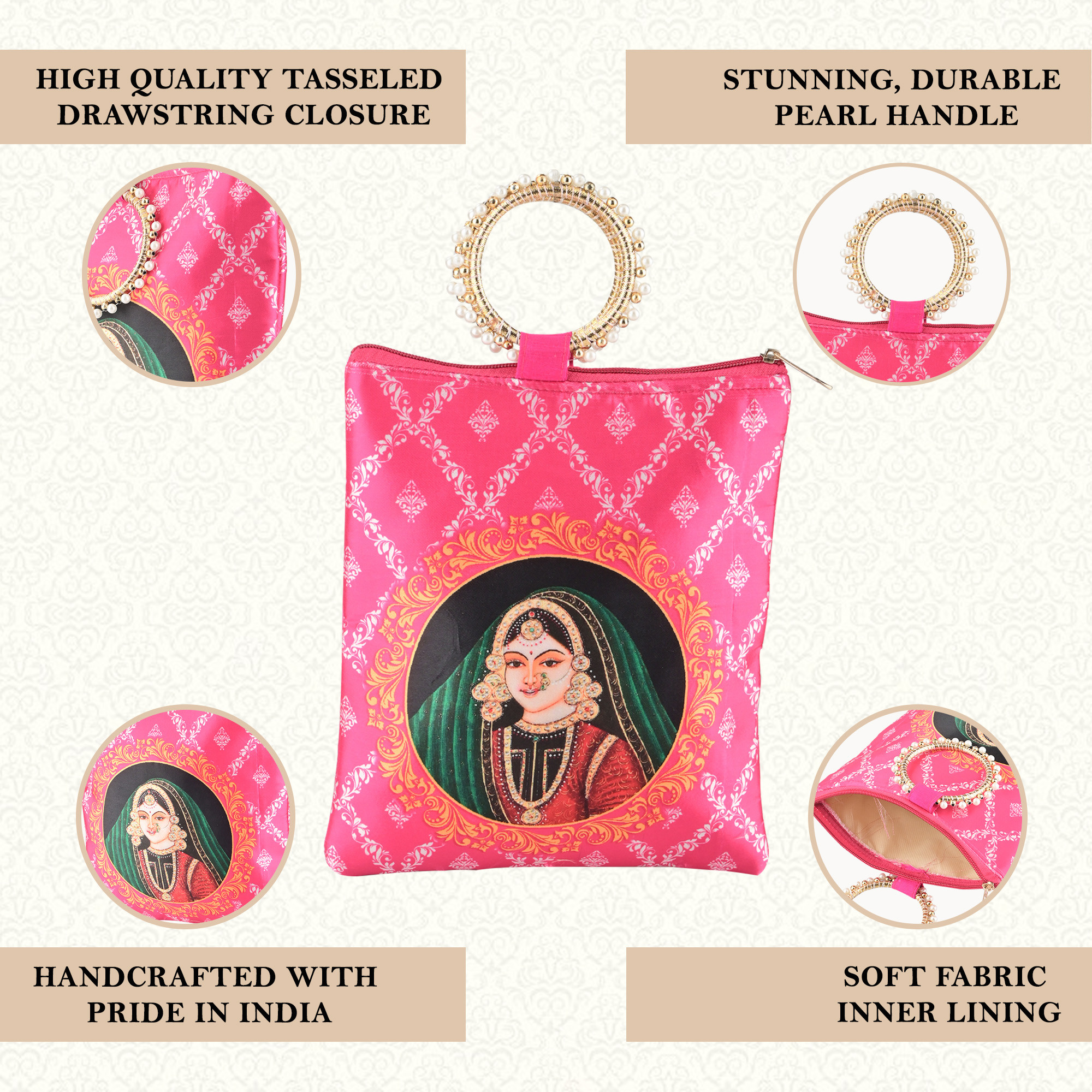 Kuber Industries Silk Small Hand Bags for Women Stylish with Zip  Handle  Traditional Handheld Bags for Women  Ethnic Ladies Purse Handbag for Return Gifts  Maharani Print - Rani