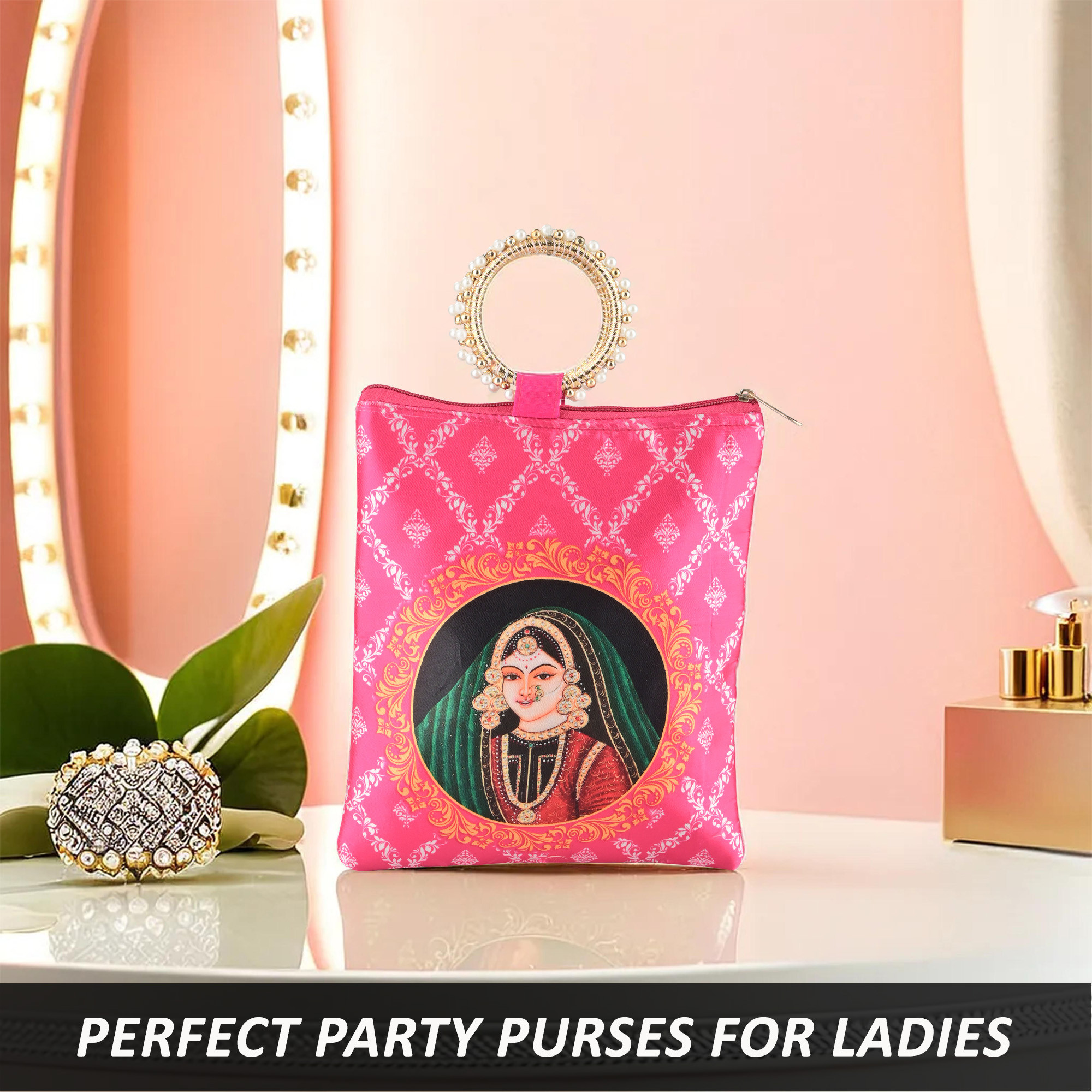 Kuber Industries Silk Small Hand Bags for Women Stylish with Zip  Handle  Traditional Handheld Bags for Women  Ethnic Ladies Purse Handbag for Return Gifts  Maharani Print - Rani
