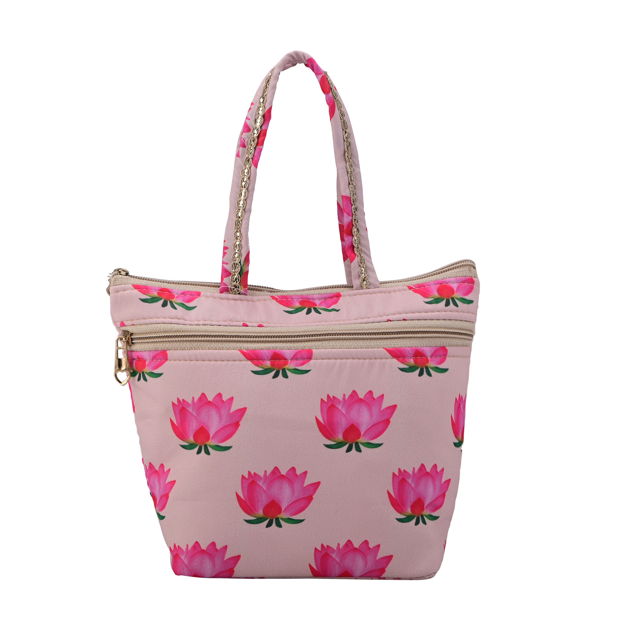 Kuber Industries Silk Small Size Ladies Hand Purse for Women with 2 Zipper Compartment  Wallet Purse for Girls Party Wear  Wedding  Gifts Hand PurseClutchHandbag  Lotus Print  Cream