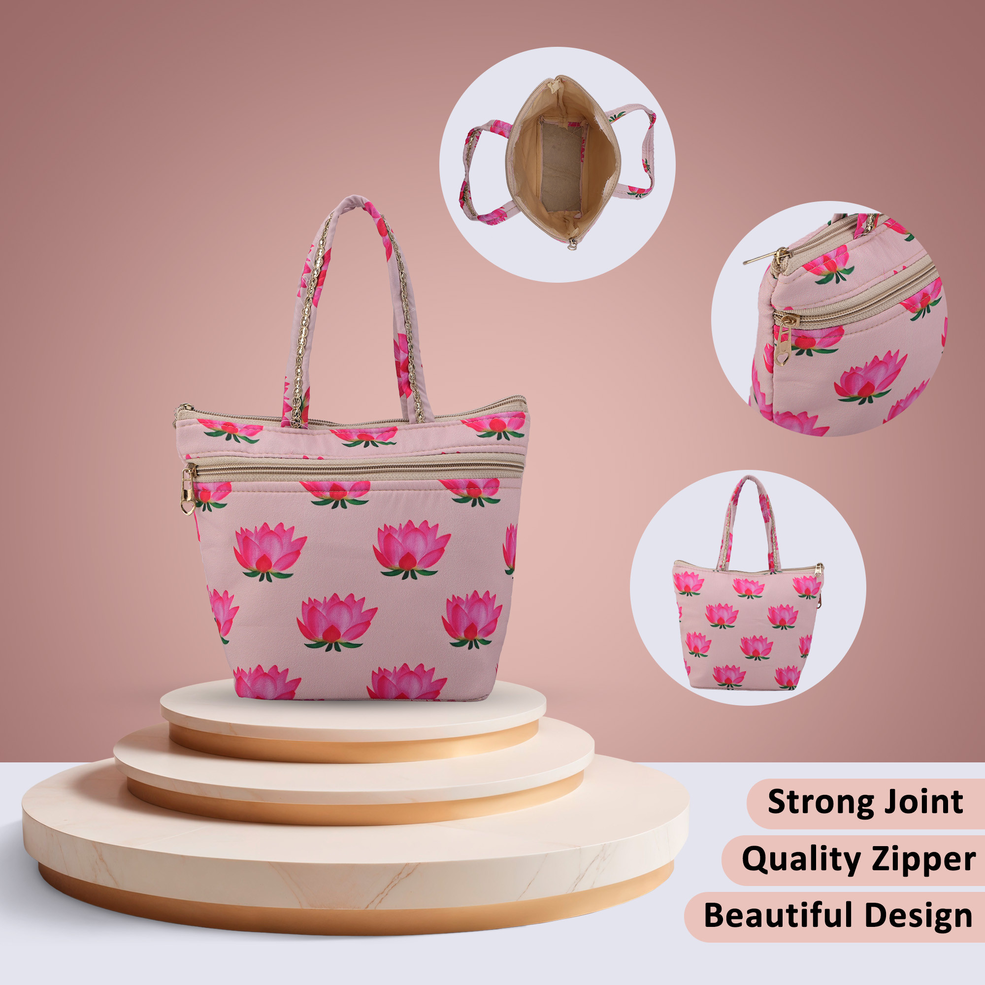 Kuber Industries Silk Small Size Ladies Hand Purse for Women with 2 Zipper Compartment  Wallet Purse for Girls Party Wear  Wedding  Gifts Hand PurseClutchHandbag  Lotus Print  Cream