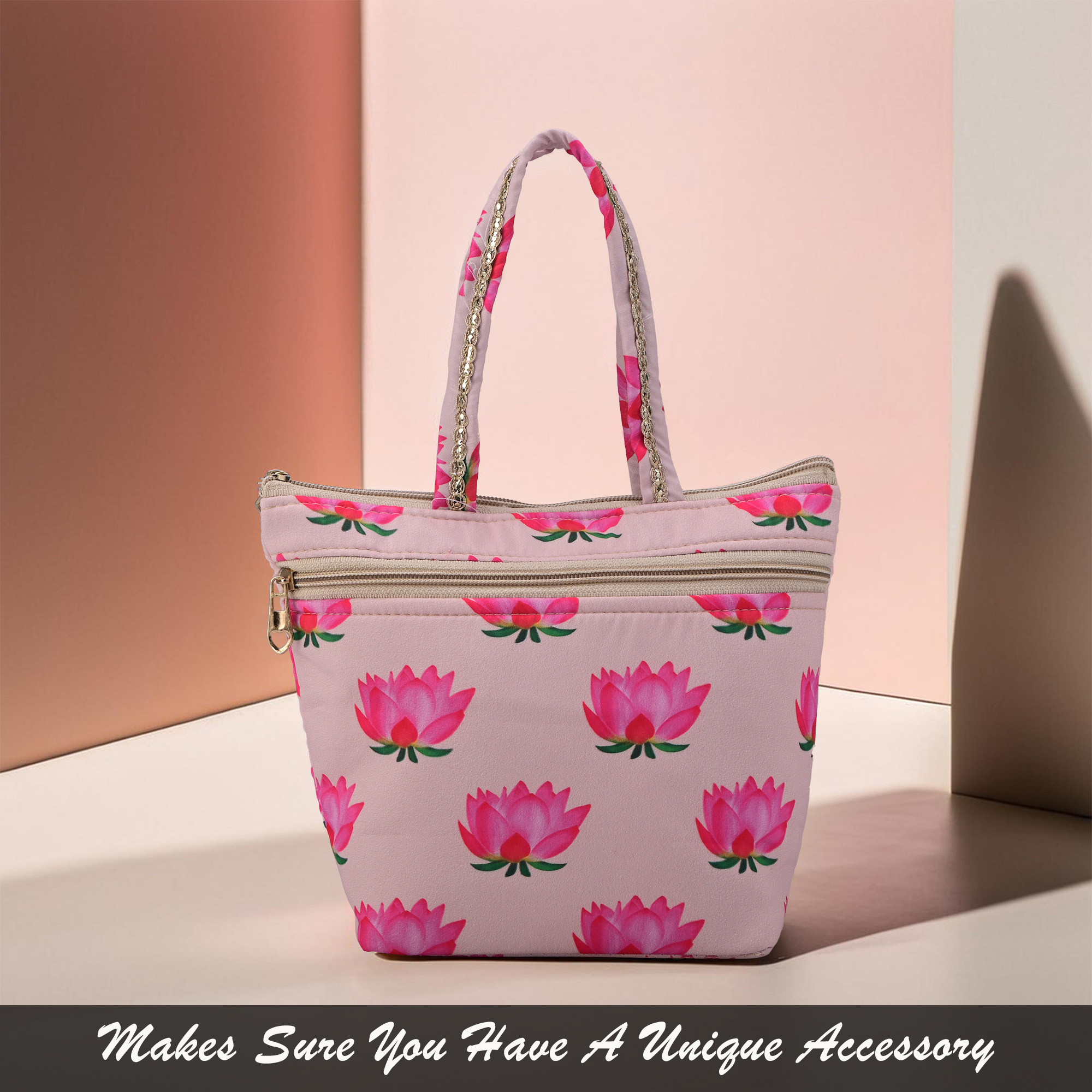 Kuber Industries Silk Small Size Ladies Hand Purse for Women with 2 Zipper Compartment  Wallet Purse for Girls Party Wear  Wedding  Gifts Hand PurseClutchHandbag  Lotus Print  Cream