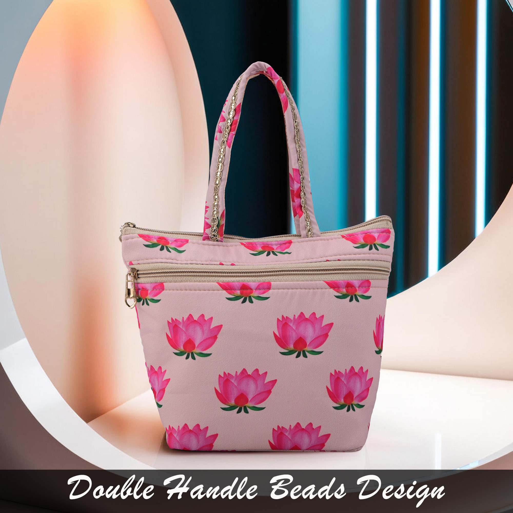 Kuber Industries Silk Small Size Ladies Hand Purse for Women with 2 Zipper Compartment  Wallet Purse for Girls Party Wear  Wedding  Gifts Hand PurseClutchHandbag  Lotus Print  Cream