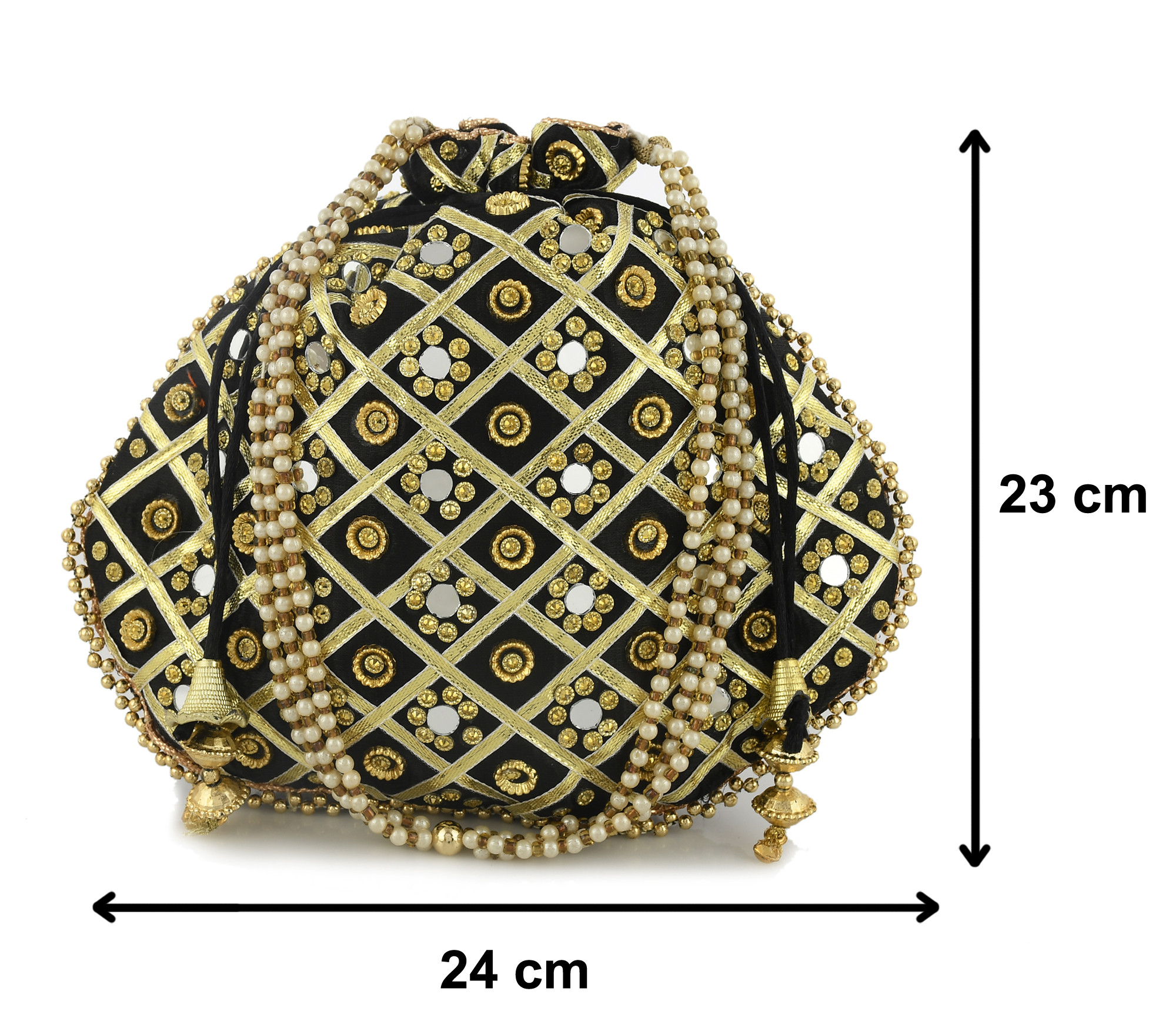 Kuber Industries Silk Traditional Mirror Work Clutch Potli Batwa Pouch Bag For Women/Girls (Black)-KUBMRT11479