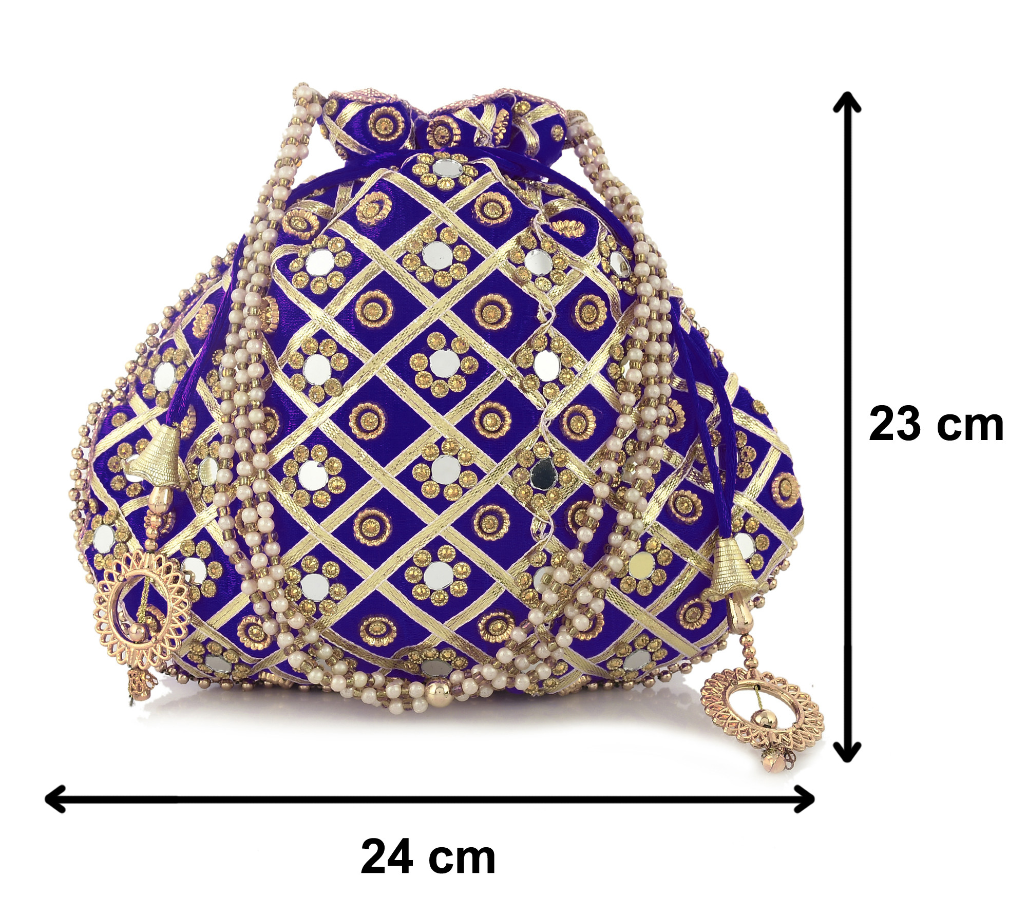 Kuber Industries Silk Traditional Mirror Work Clutch Potli Batwa Pouch Bag For Women/Girls (Blue)-KUBMRT11495