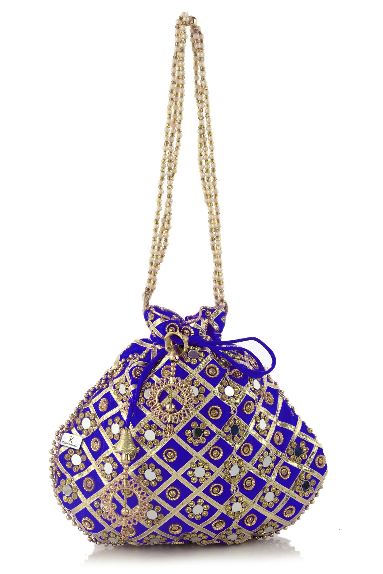 Kuber Industries Silk Traditional Mirror Work Clutch Potli Batwa Pouch Bag For Women/Girls (Blue)-KUBMRT11495