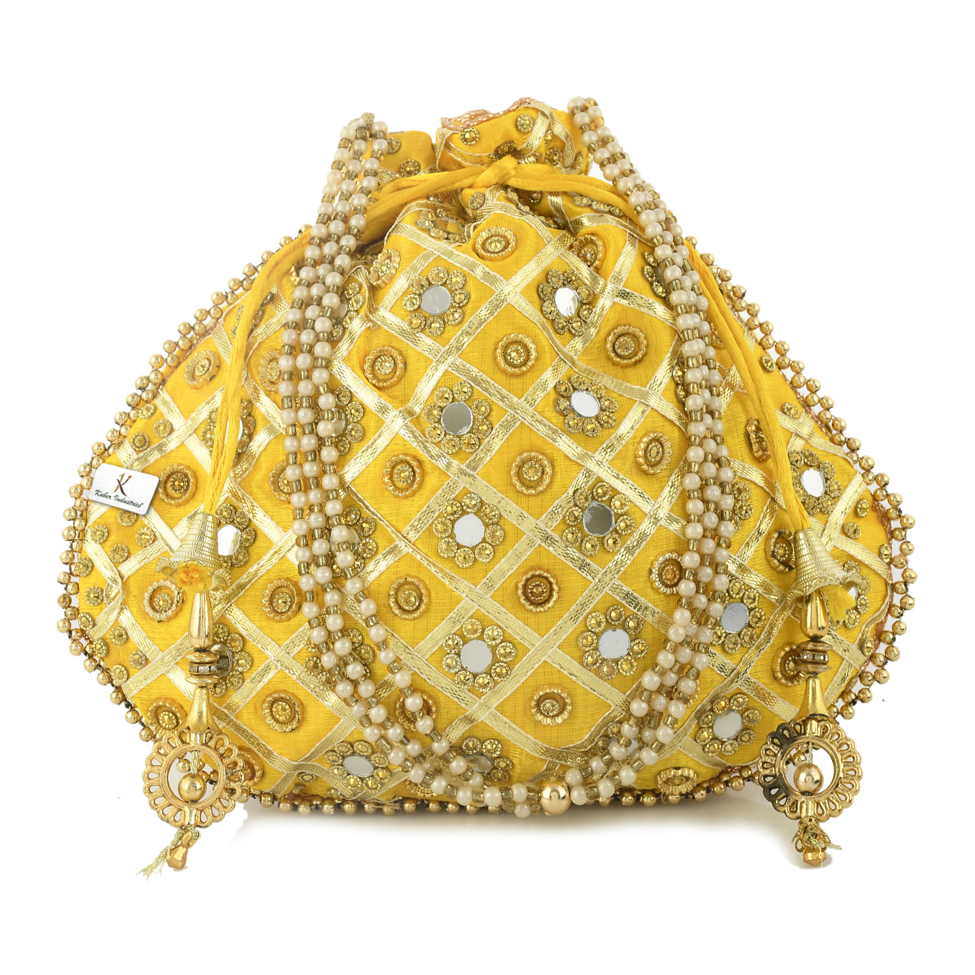 Kuber Industries Silk Traditional Mirror Work Clutch Potli Batwa Pouch Bag For Women/Girls (Gold)-KUBMRT11483