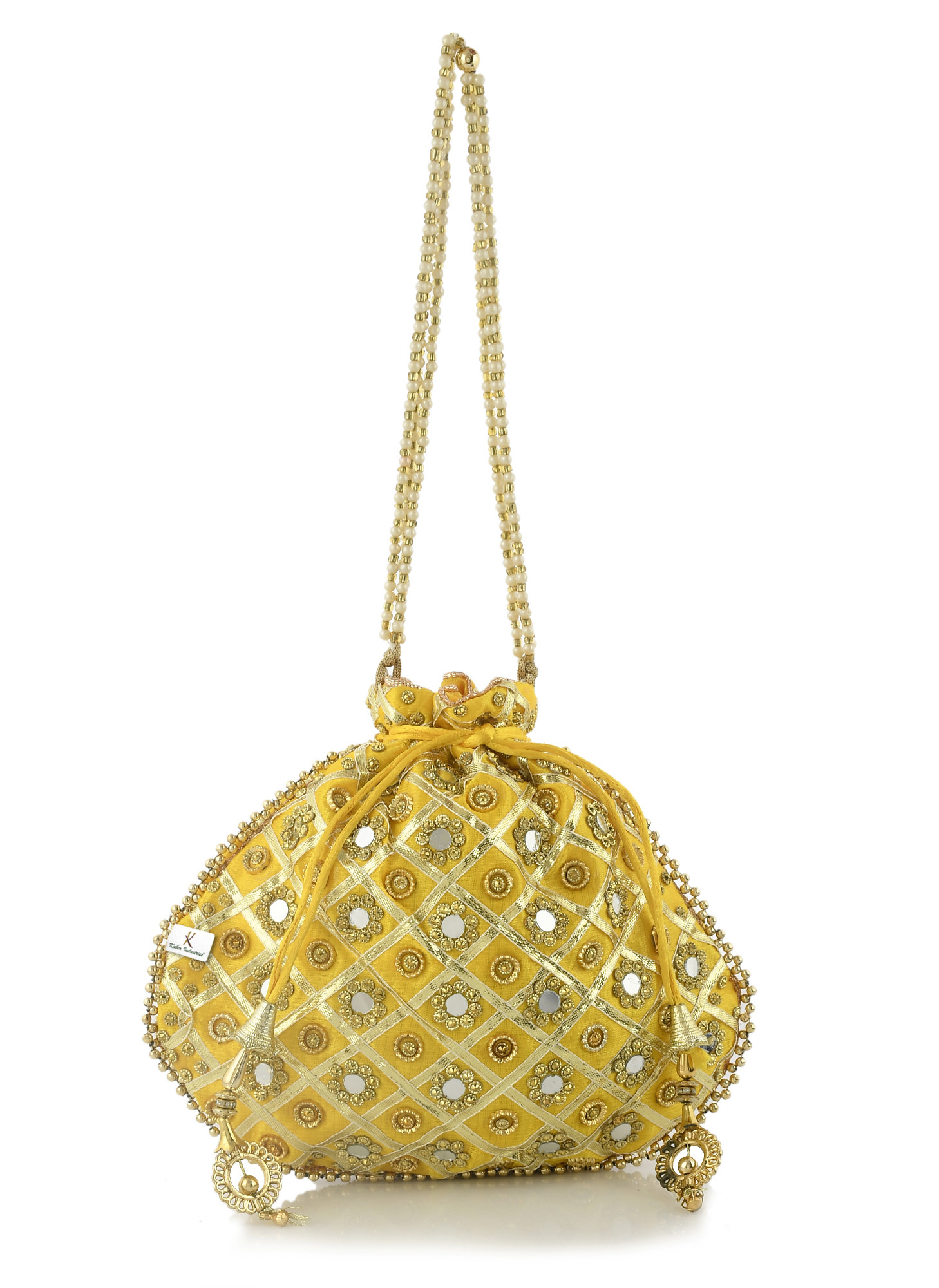 Kuber Industries Silk Traditional Mirror Work Clutch Potli Batwa Pouch Bag For Women/Girls (Gold)-KUBMRT11483