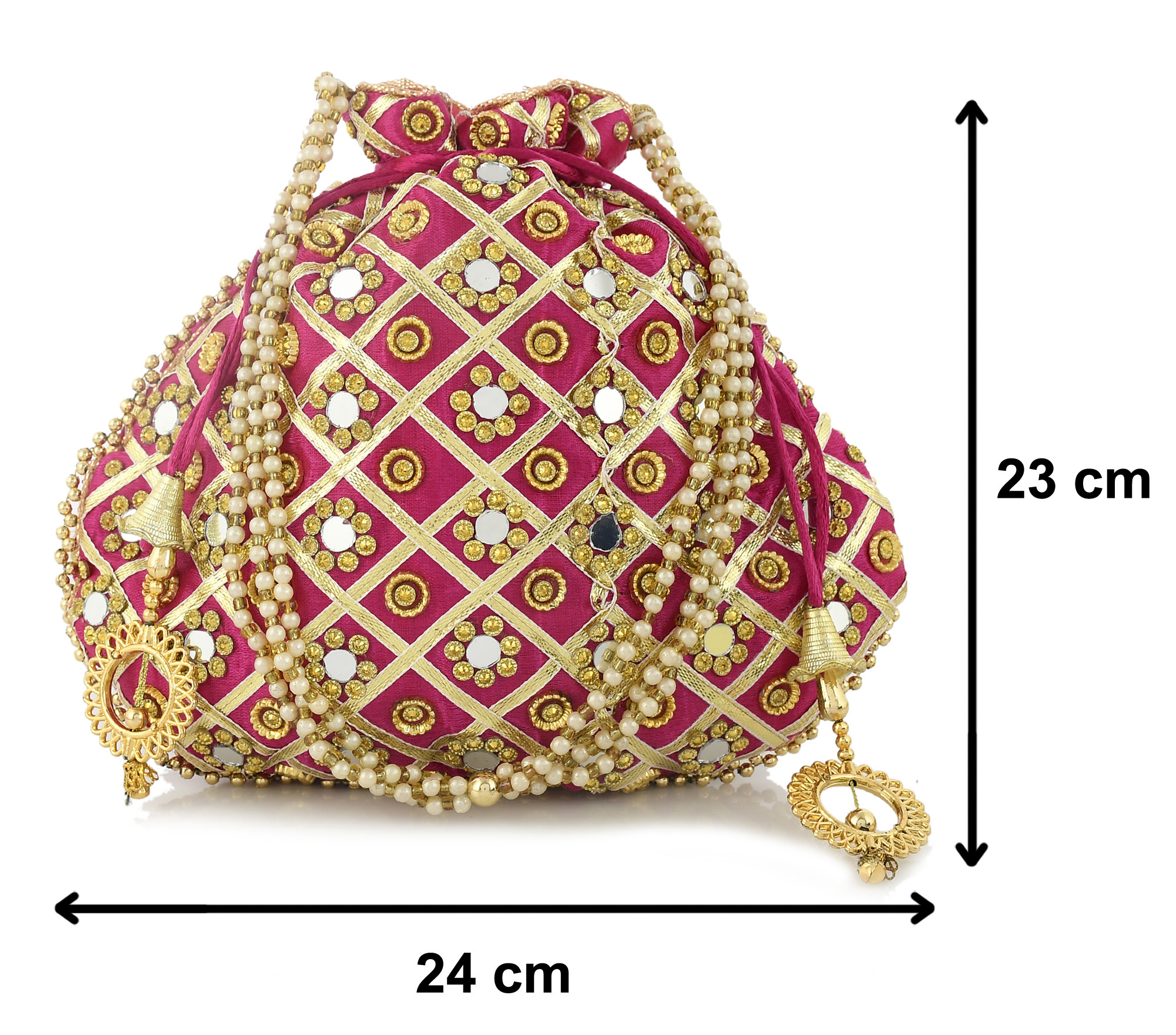 Kuber Industries Silk Traditional Mirror Work Clutch Potli Batwa Pouch Bag For Women/Girls (Pink)-KUBMRT11491