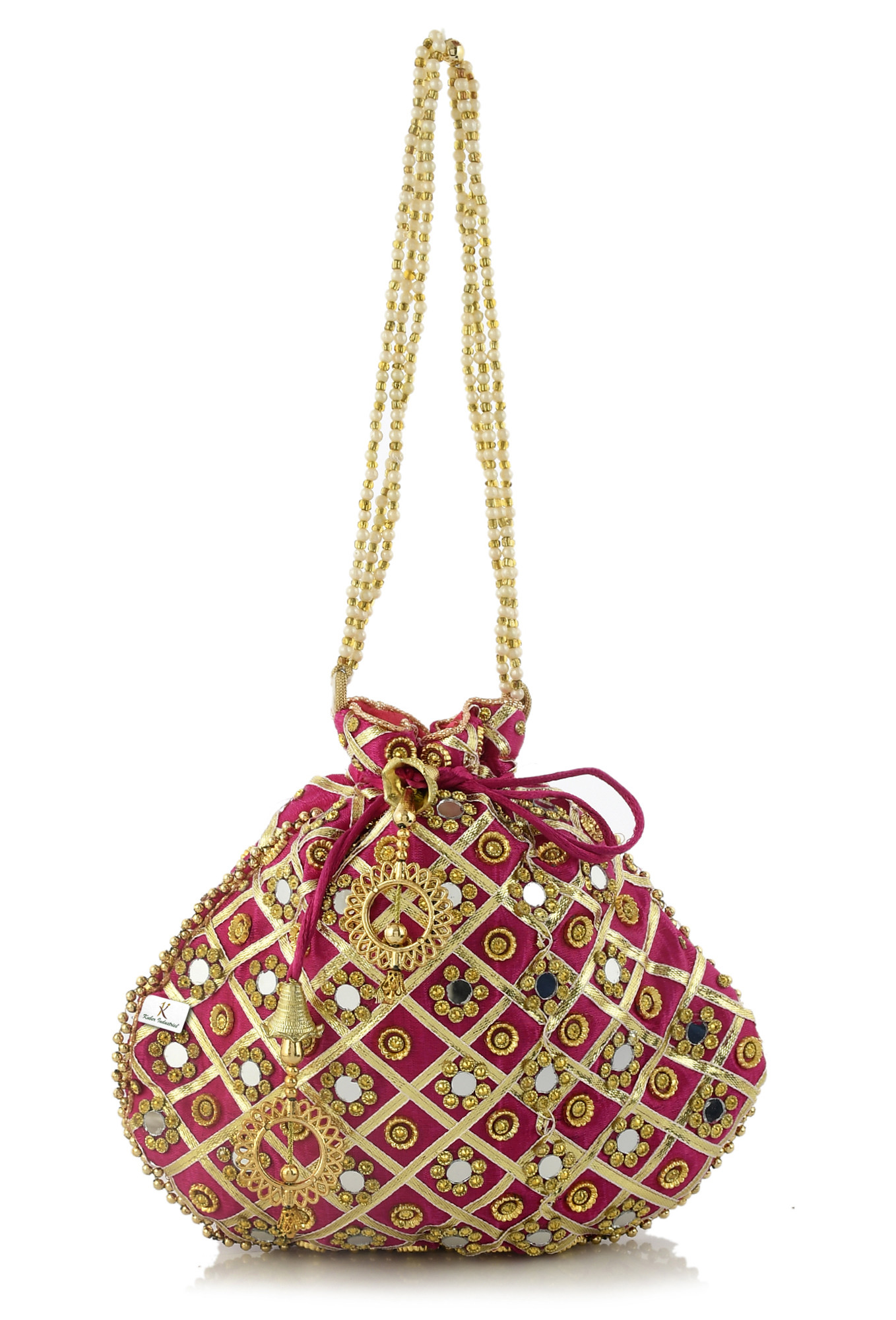 Kuber Industries Silk Traditional Mirror Work Clutch Potli Batwa Pouch Bag For Women/Girls (Pink)-KUBMRT11491