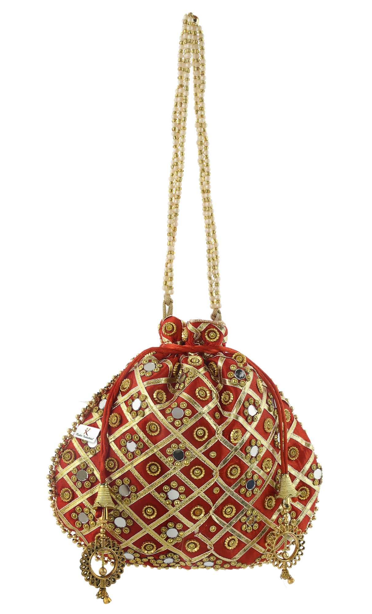 Kuber Industries Silk Traditional Mirror Work Clutch Potli Batwa Pouch Bag For Women/Girls (Red)-KUBMRT11487