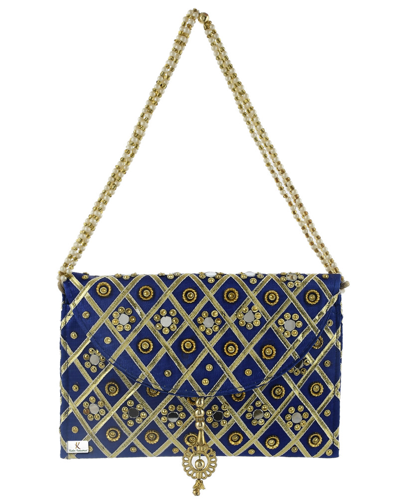 Kuber Industries Silk Traditional Mirror Work Envelope Clutch/Hand Purse Bag For Women/Girls (Blue)-KUBMRT11443