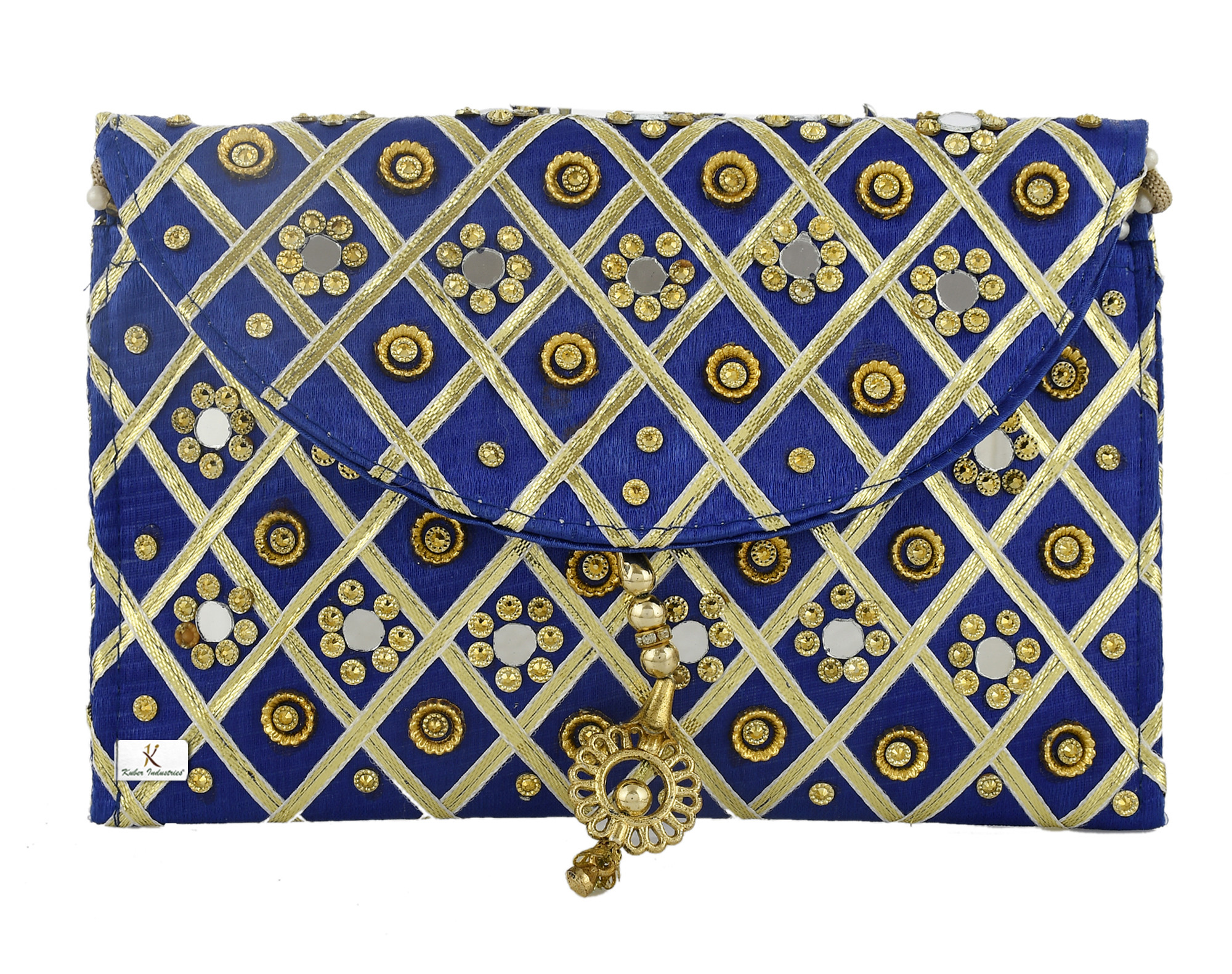 Kuber Industries Silk Traditional Mirror Work Envelope Clutch/Hand Purse Bag For Women/Girls (Blue)-KUBMRT11443