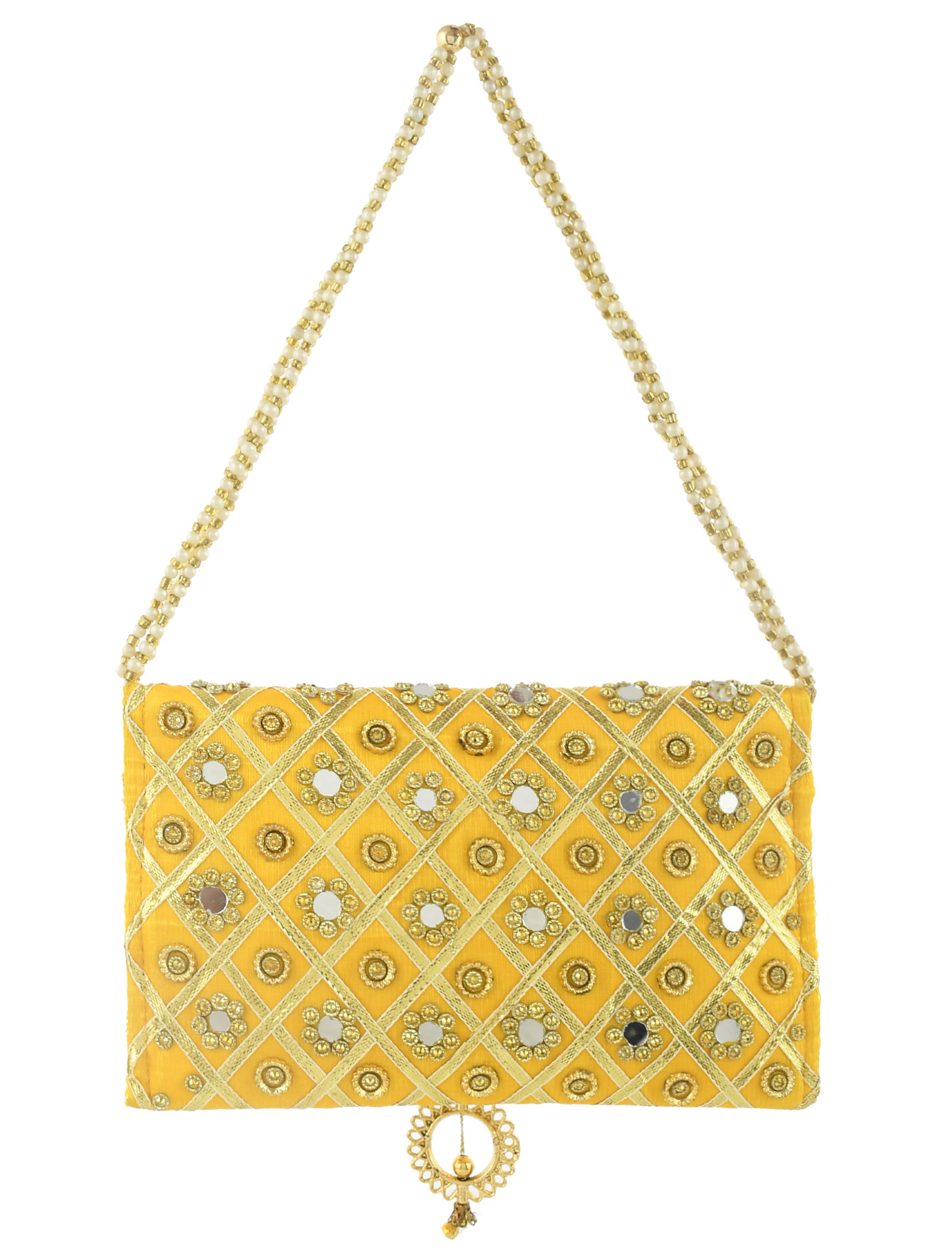 Kuber Industries Silk Traditional Mirror Work Envelope Clutch/Hand Purse Bag For Women/Girls (Gold)-KUBMRT11451