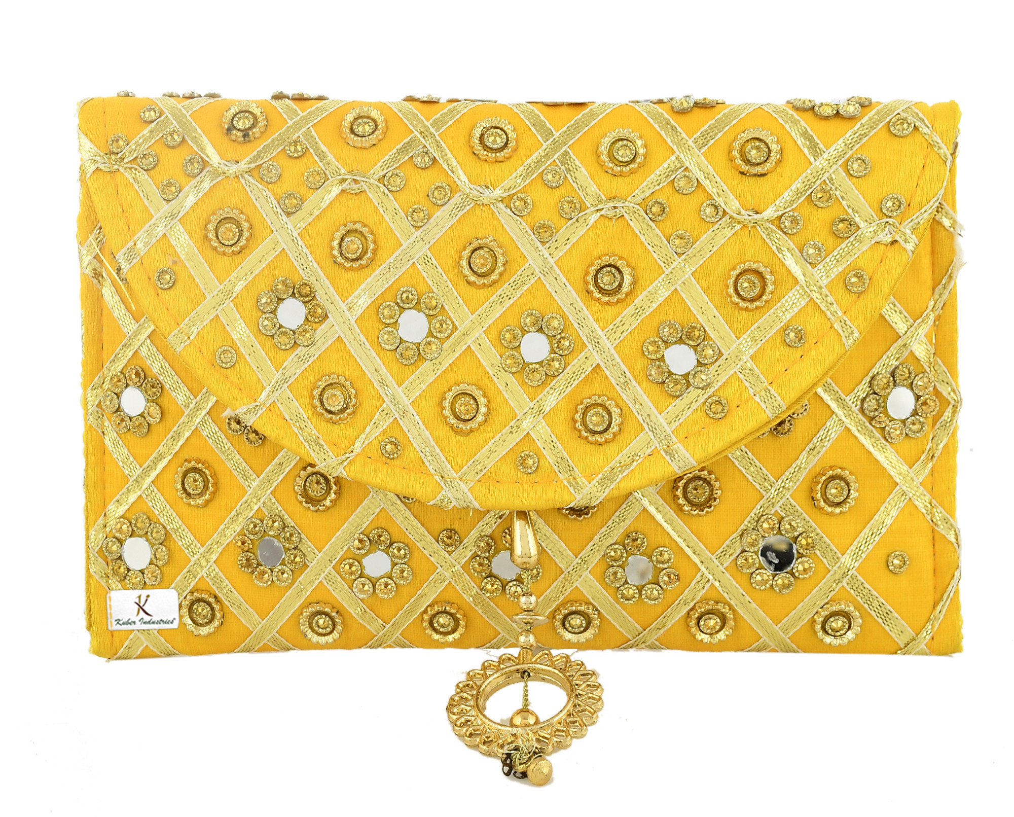 Kuber Industries Silk Traditional Mirror Work Envelope Clutch/Hand Purse Bag For Women/Girls (Gold)-KUBMRT11451