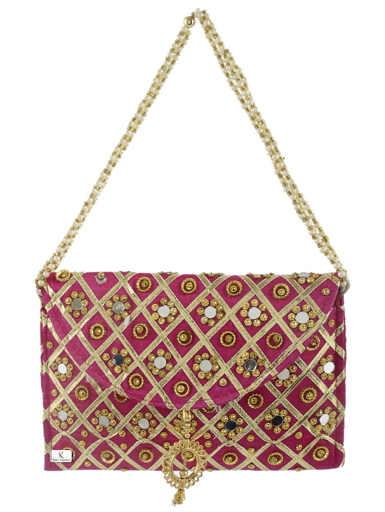 Kuber Industries Silk Traditional Mirror Work Envelope Clutch/Hand Purse Bag For Women/Girls (Pink)-KUBMRT11439