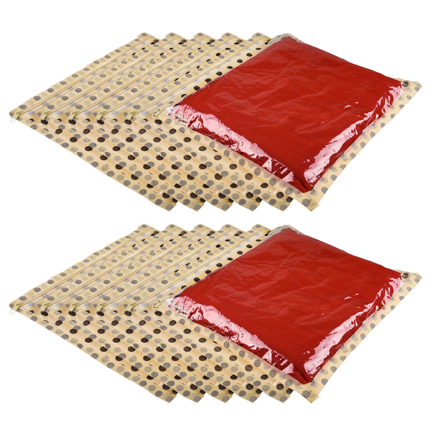 Kuber Industries Single Packing Saree Cover | Non Woven Polka Dot Wardrobe Organizer | Clothes Storage Bag with Top Transparent | Ivory