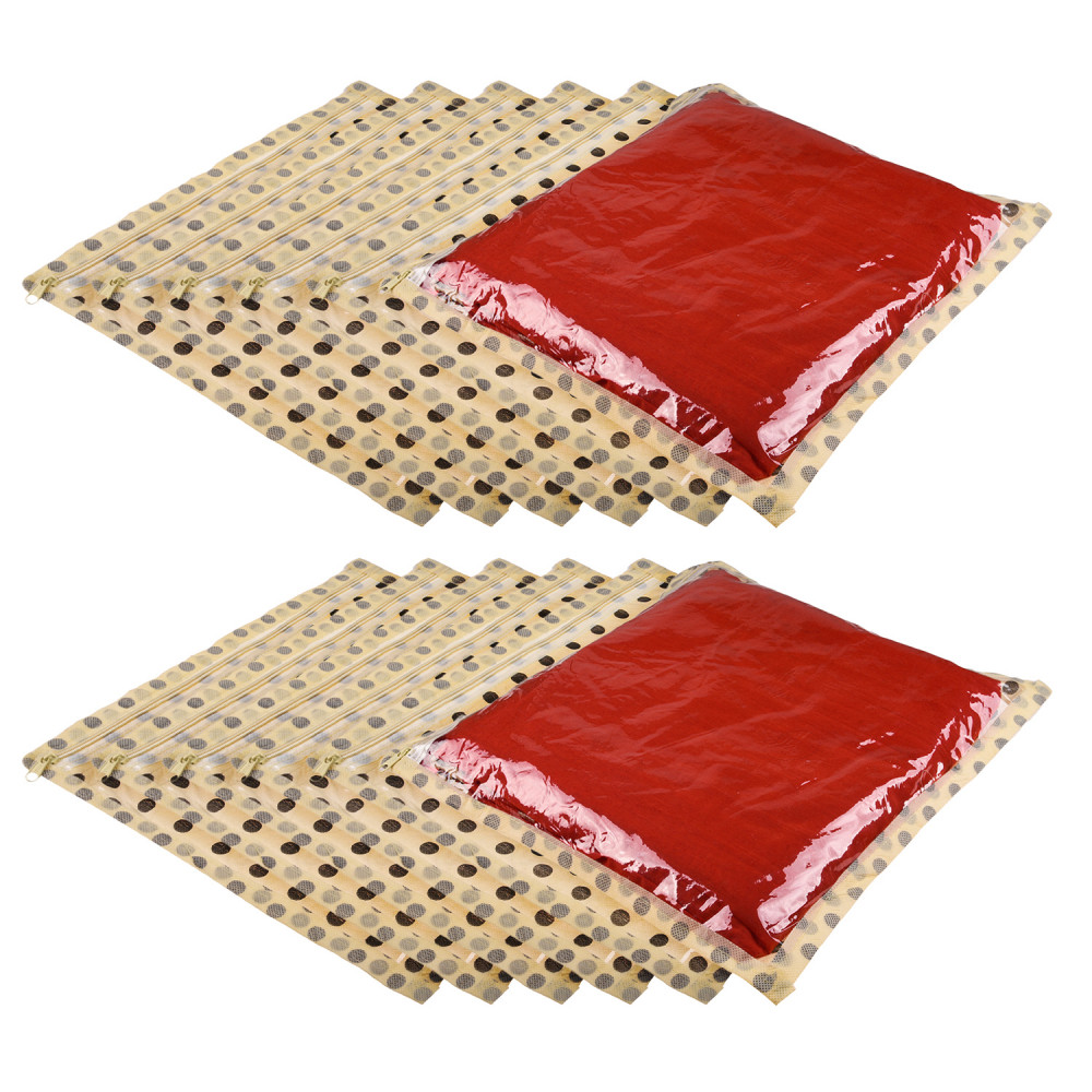 Kuber Industries Single Packing Saree Cover | Non Woven Polka Dot Wardrobe Organizer | Clothes Storage Bag with Top Transparent | Ivory