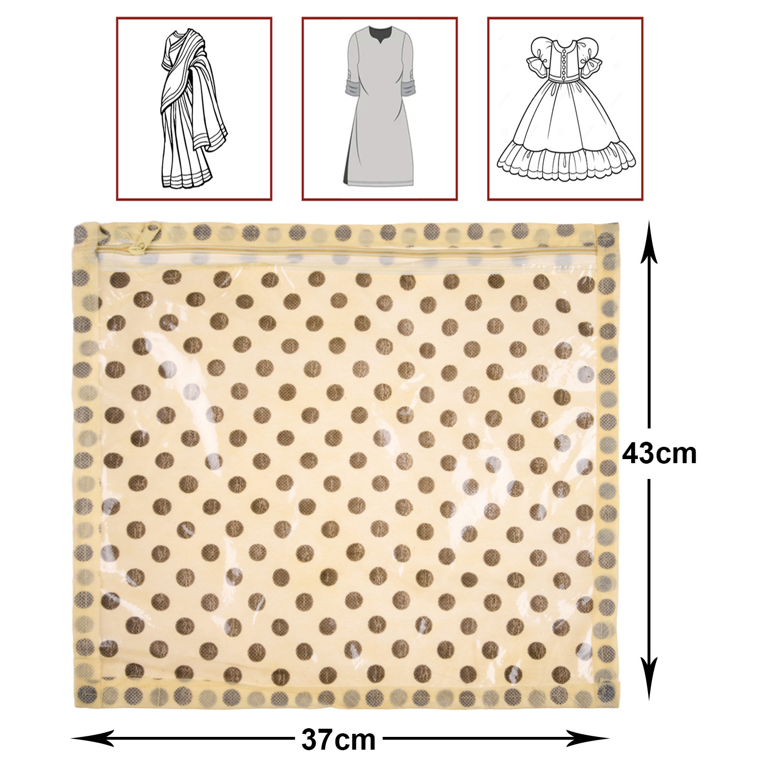 Kuber Industries Single Packing Saree Cover | Non Woven Polka Dot Wardrobe Organizer | Clothes Storage Bag with Top Transparent | Ivory