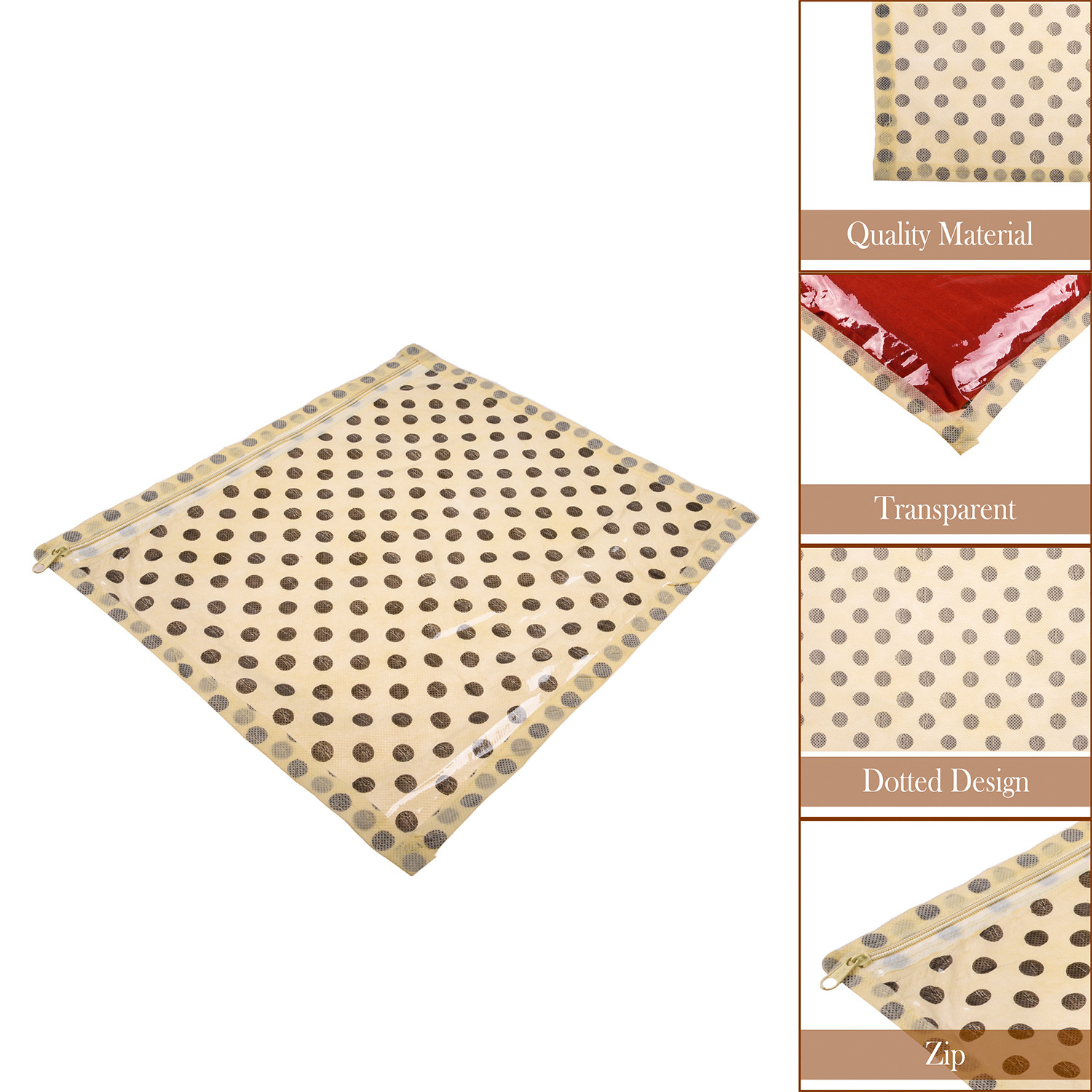 Kuber Industries Single Packing Saree Cover | Non Woven Polka Dot Wardrobe Organizer | Clothes Storage Bag with Top Transparent | Ivory