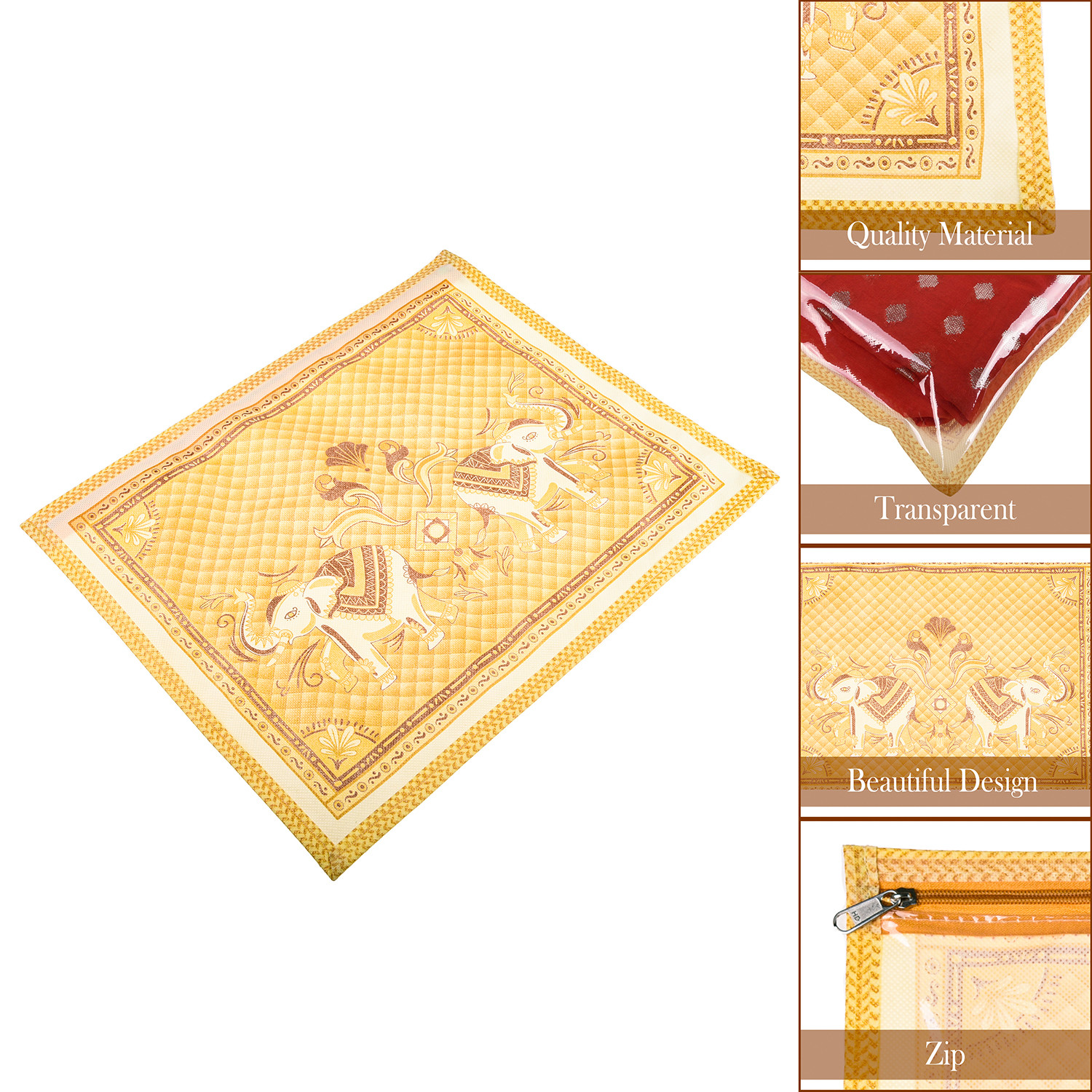 Kuber Industries Single Packing Saree Cover|Non-Woven Elephant Print Storage Cover|Foldable Transparent Top Wardrobe Storage Bag (Cream)