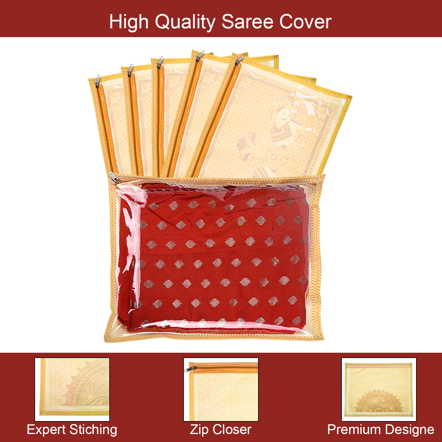 Kuber Industries Single Packing Saree Cover|Non-Woven Elephant Print Storage Cover|Foldable Transparent Top Wardrobe Storage Bag (Cream)