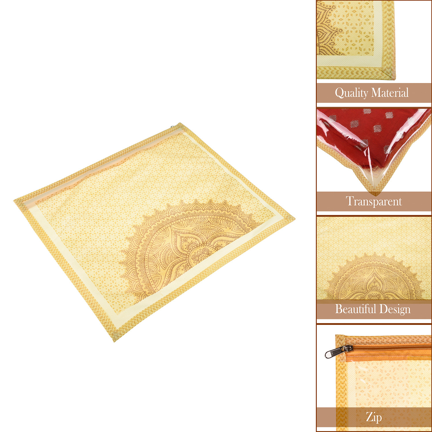 Kuber Industries Single Packing Saree Cover|Non-Woven Rangoli Print Storage Cover|Foldable Transparent Top Wardrobe Storage Bag (Cream)